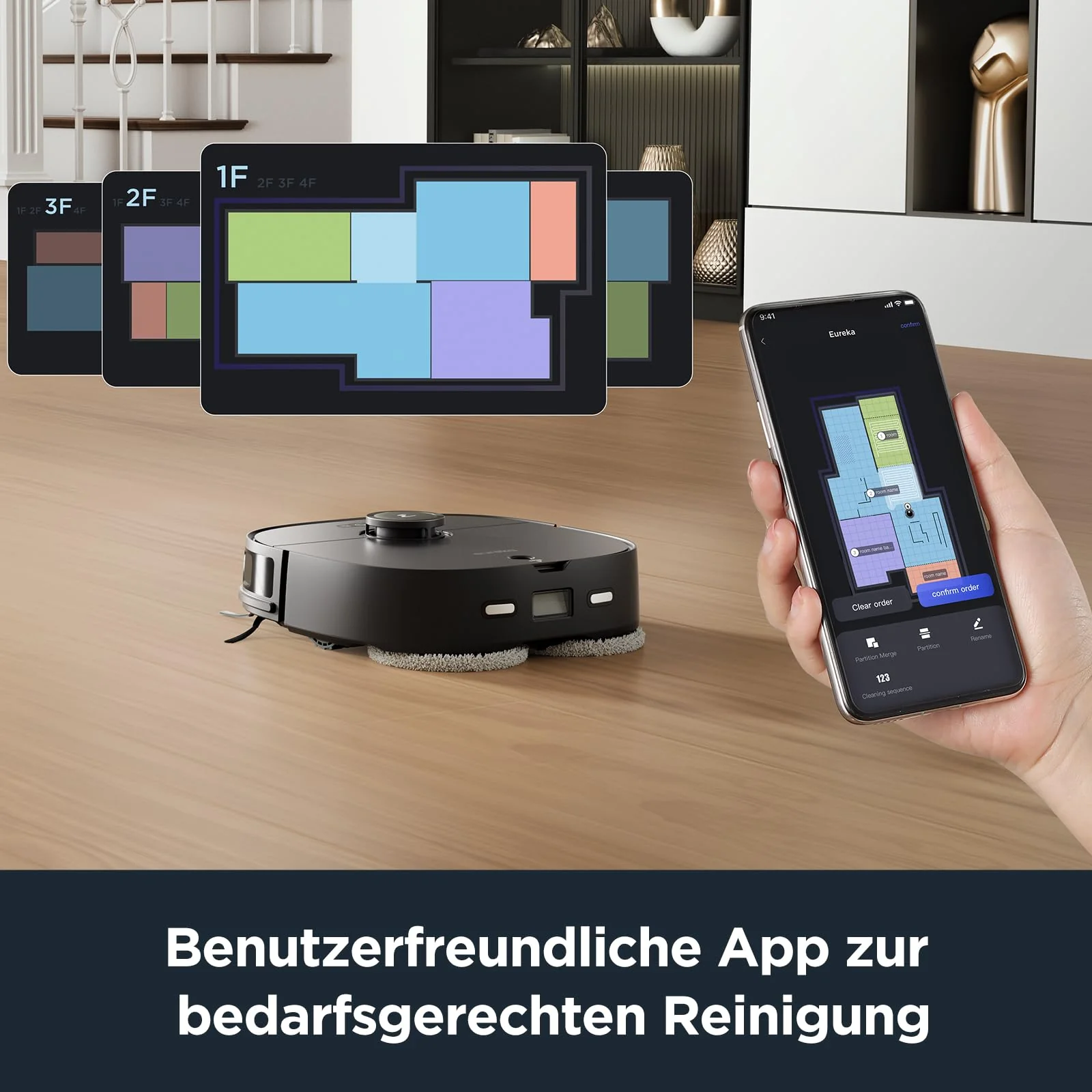 EUREKA J12 Ultra DE Saug- & Wischroboter + All-in-One Station (KI-3D-Hinderniserkennung, intelligente Haustierumgehung, Auto Teppicherkennung, ideal gegen Tierhaare, App- & Sprachsteuerung) schwarz - Image 5