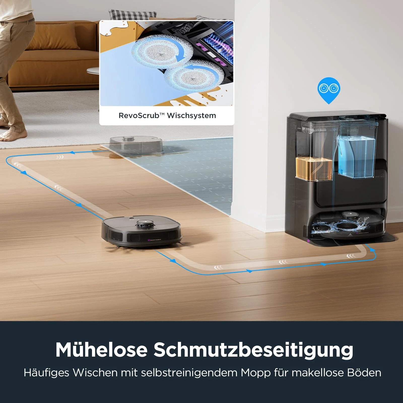 EUREKA J12 Ultra DE Saug- & Wischroboter + All-in-One Station (KI-3D-Hinderniserkennung, intelligente Haustierumgehung, Auto Teppicherkennung, ideal gegen Tierhaare, App- & Sprachsteuerung) schwarz - Image 9