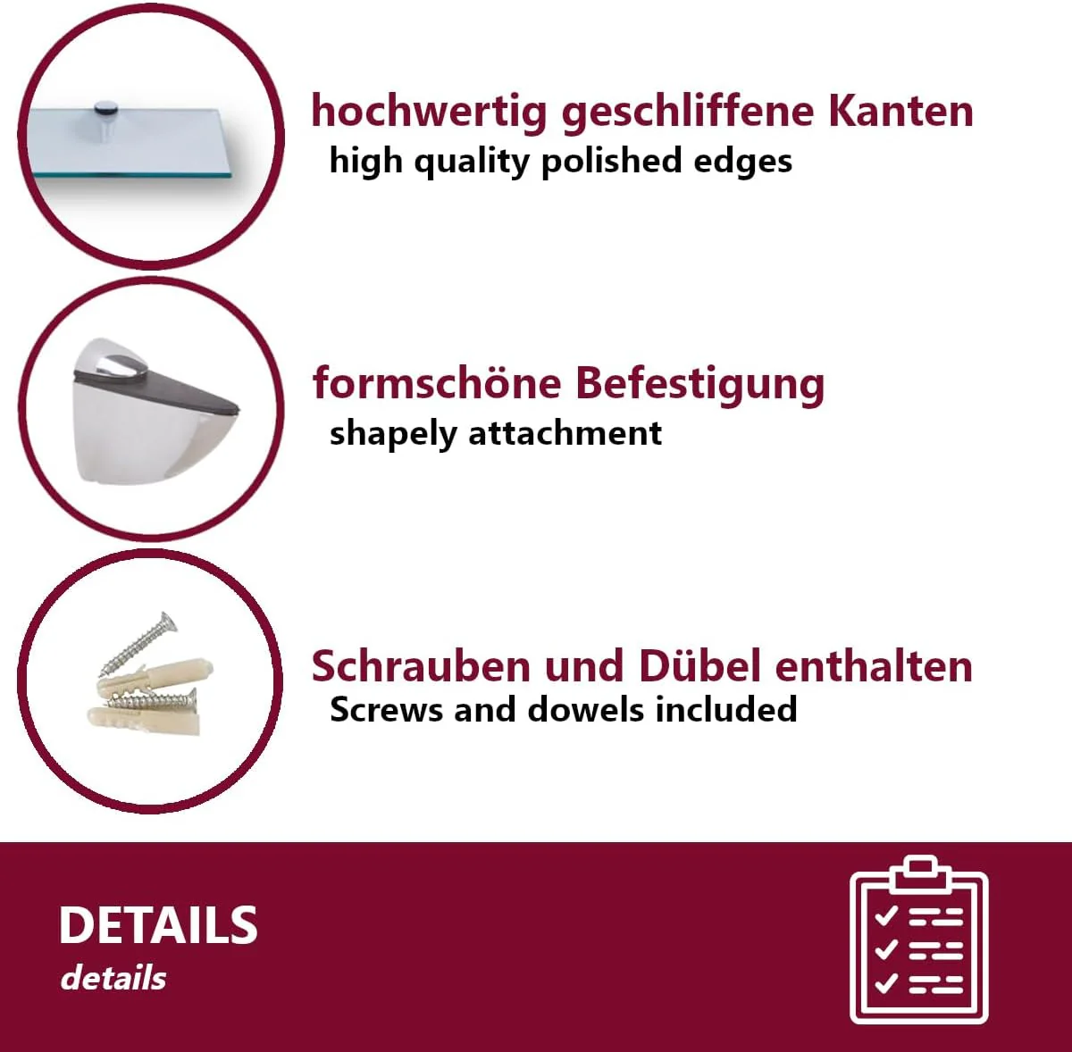 Euro Tische 40cm Glas Wandregal Klarglas - Glas Regal für Badezimmer in verschiedenen Größen - Klarglas Duschregal mit 6mm ESG Sicherheitsglas und Metallhaltern Montiert - Image 6