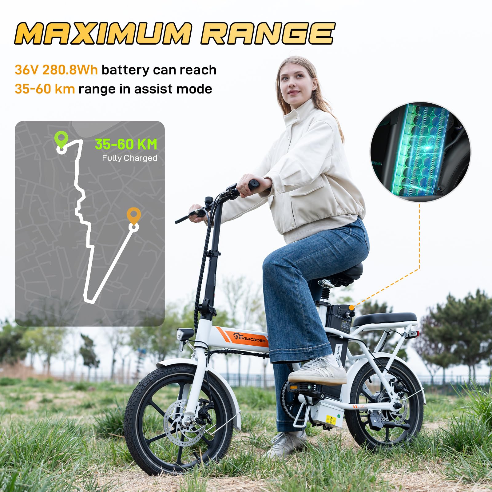 EVERCROSS EK5 Elektrofahrrad, 250W E Bike für Erwachsene, 36V Faltbares Elektrofahrräder Mountainbike, bis zu 25KM/H, Reichweite 35-60km, 16'' Reifen Elektrisches City Bike mit Verstellbarem Sitz - Image 6