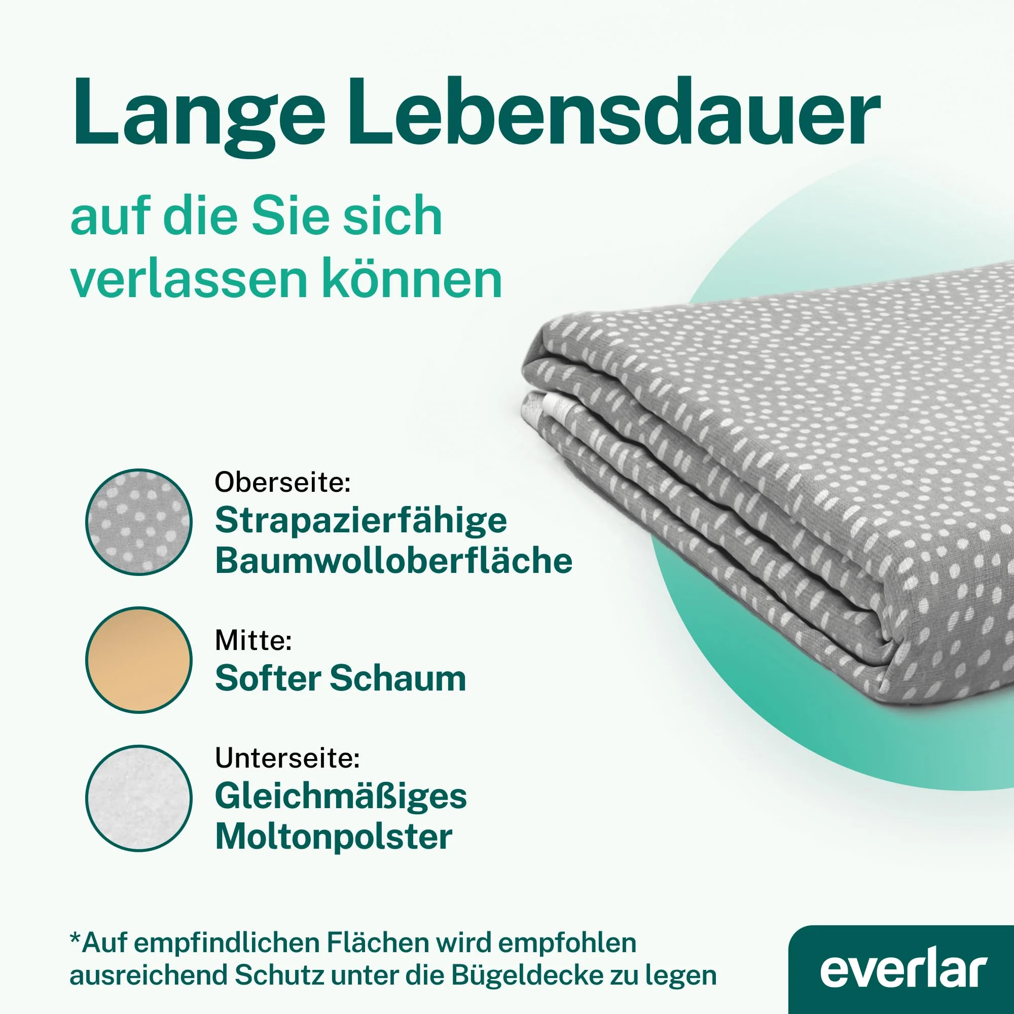 everlar® Bügeldecke I Qualität Made in Germany I Tisch Bügelmatte zum bequemen Bügeln zu Hause & unterwegs I 100 x 65cm I Bügelunterlage I Hitzebeständig I Obermaterial 100% Baumwolle - Image 4