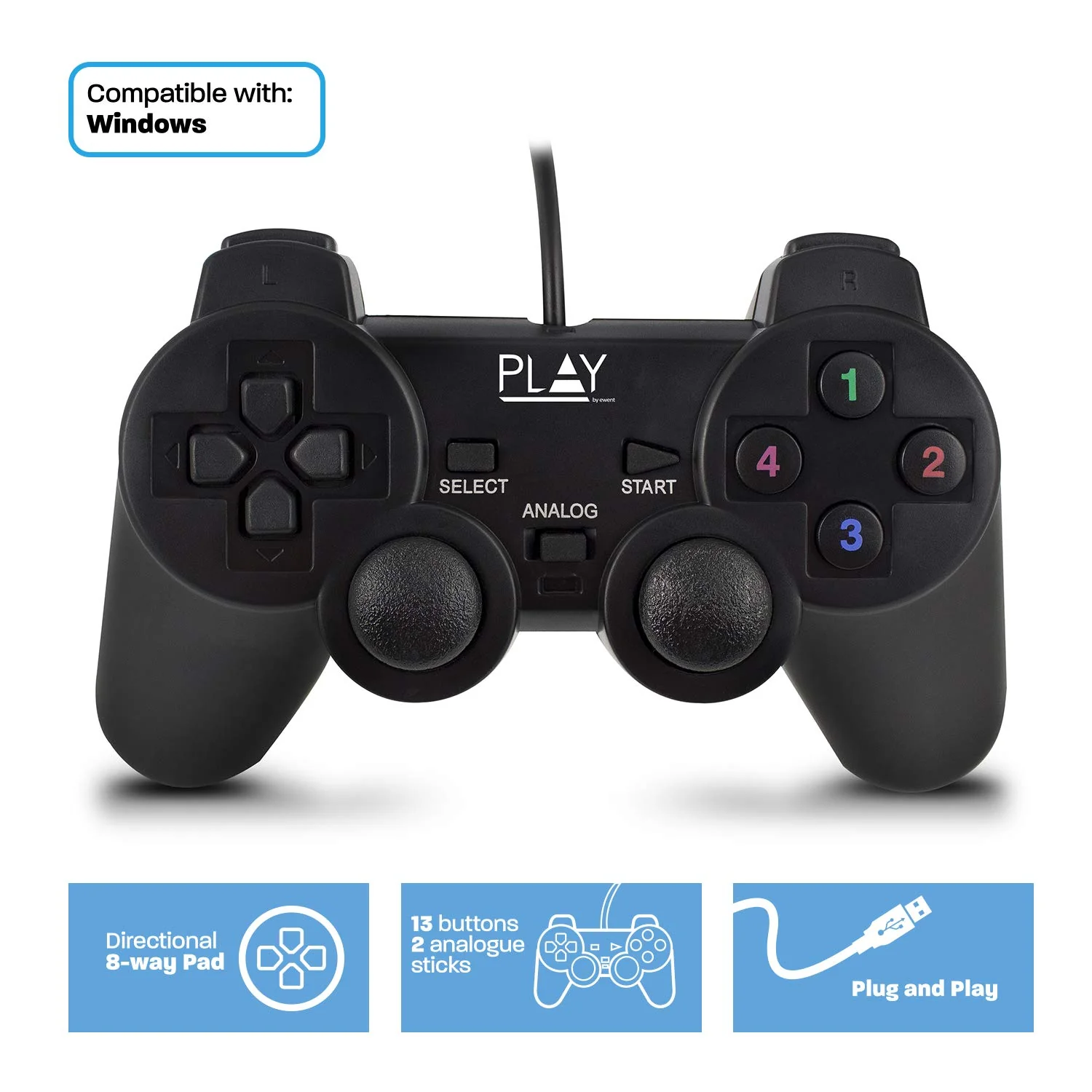 ewent PLAY WIRED USB GAMEPAD, Black - Image 5