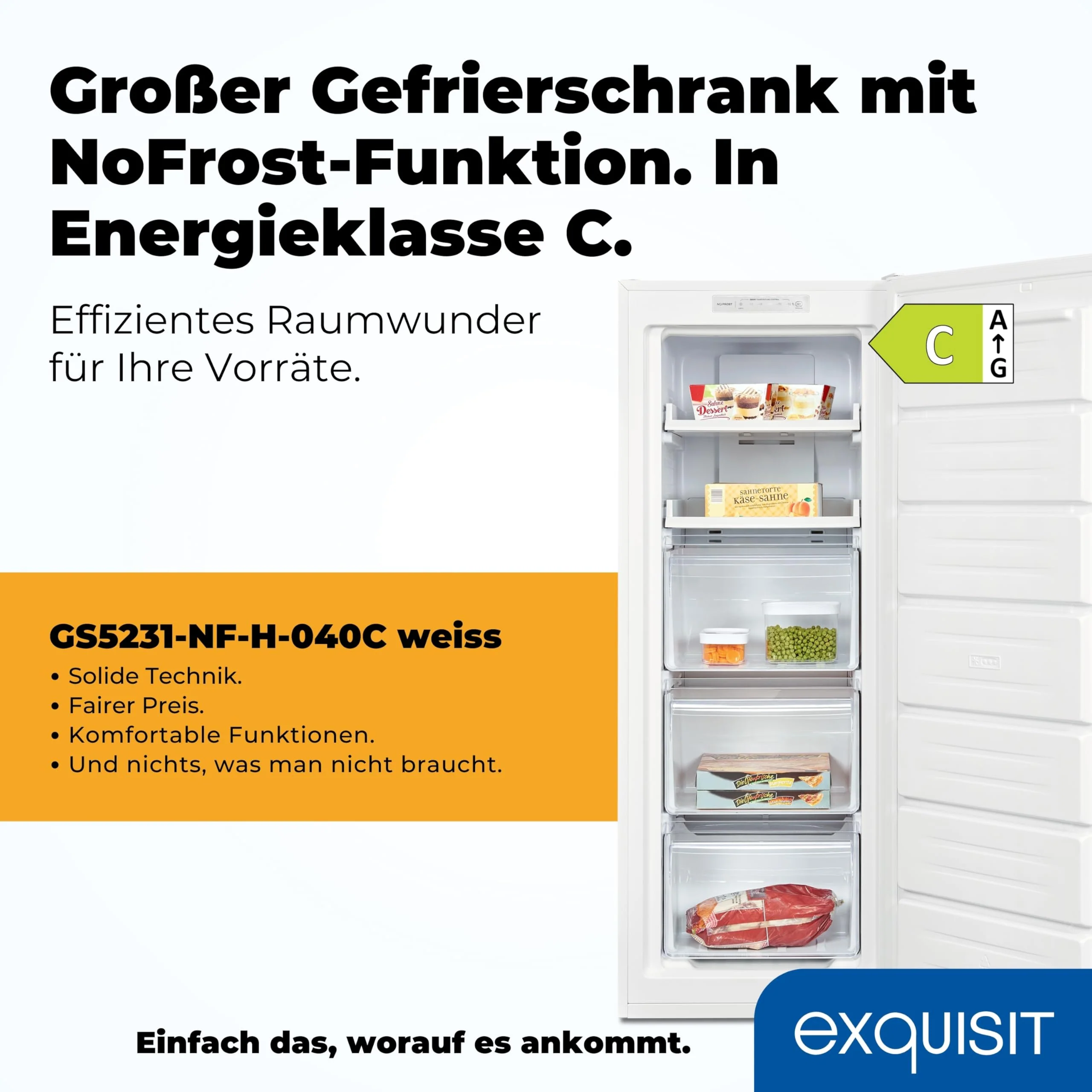 Exquisit Gefrierschrank NoFrost, Tiefkühlschrank groß, 161 Liter, Schnellgefrieren, Alarm-Funktion, GS5231-NF-H-040C weiss - Image 3