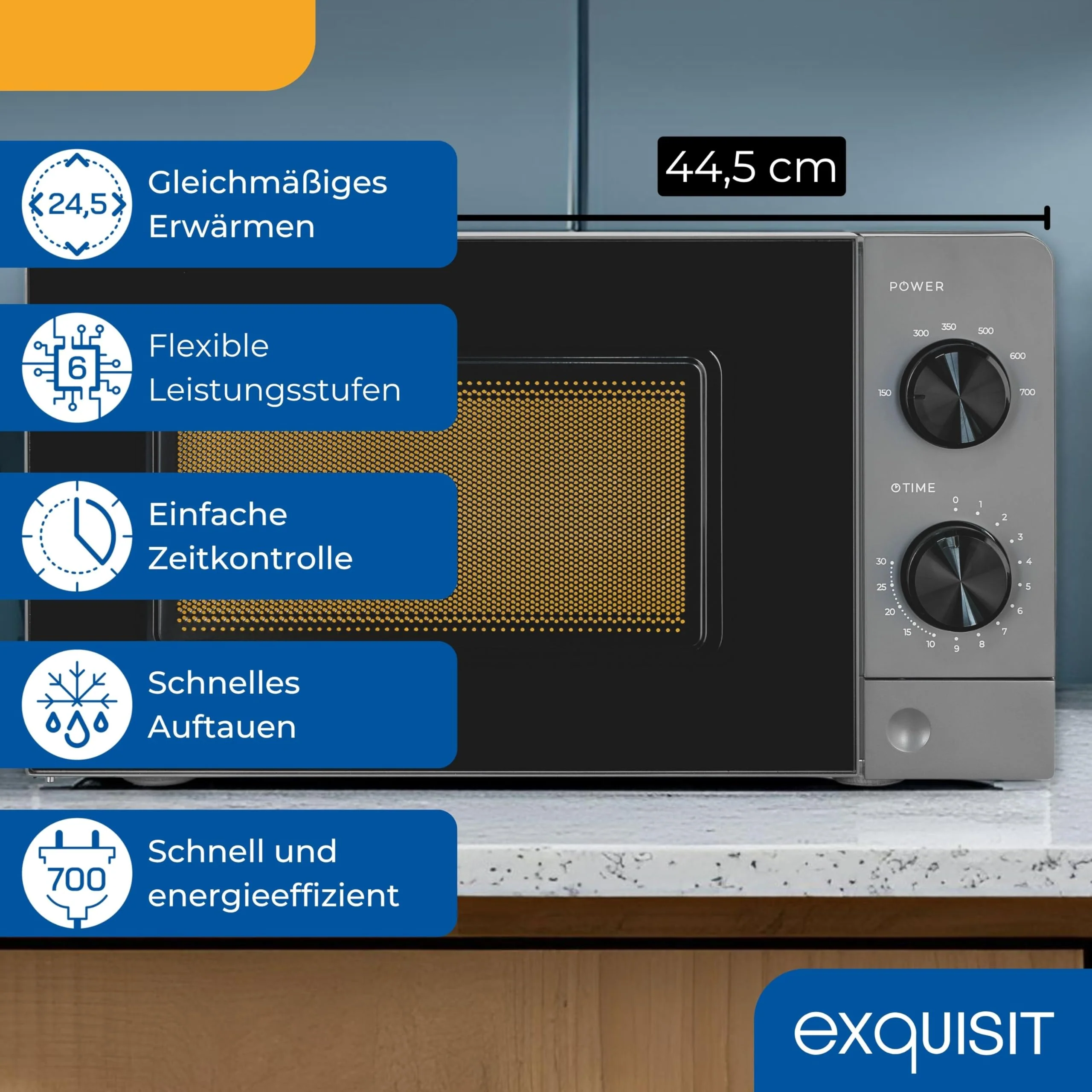 Exquisit Mikrowelle | 20 l Garraum, 700 W Leistung, 6 Leistungsstufen, Standgerät | Auftau-Programm, manuelle Steuerung, mechanische Zeitschaltuhr, Innenbeleuchtung, Glas-Drehteller | MW850-070 grau - Image 5