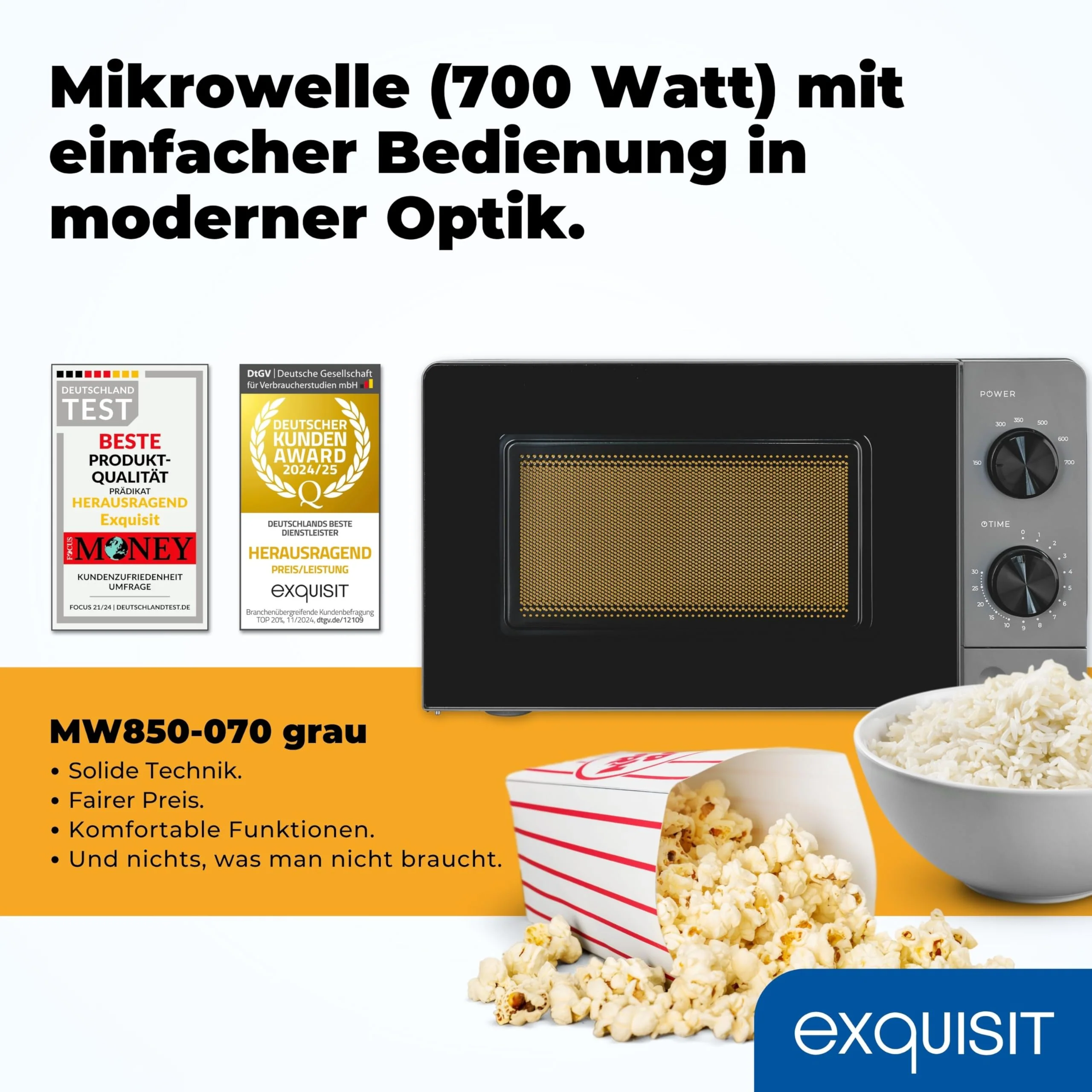 Exquisit Mikrowelle | 20 l Garraum, 700 W Leistung, 6 Leistungsstufen, Standgerät | Auftau-Programm, manuelle Steuerung, mechanische Zeitschaltuhr, Innenbeleuchtung, Glas-Drehteller | MW850-070 grau - Image 8
