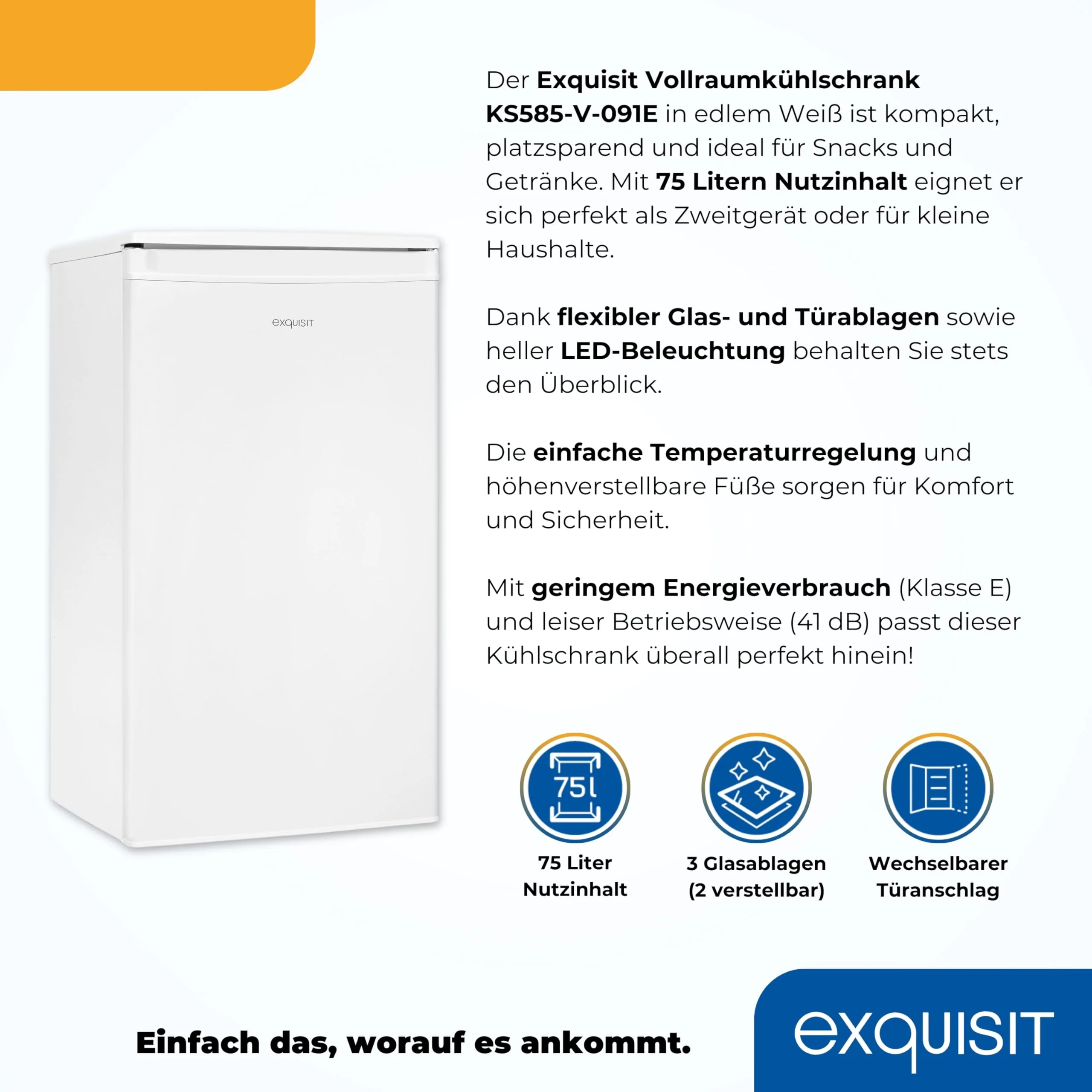 Exquisit Vollraumkühlschrank 75 Liter, Freistehend, Kühlschrank klein und kompakt, 45cm Breit, LED-Innenbeleuchtung, KS585-V-091E - Image 5