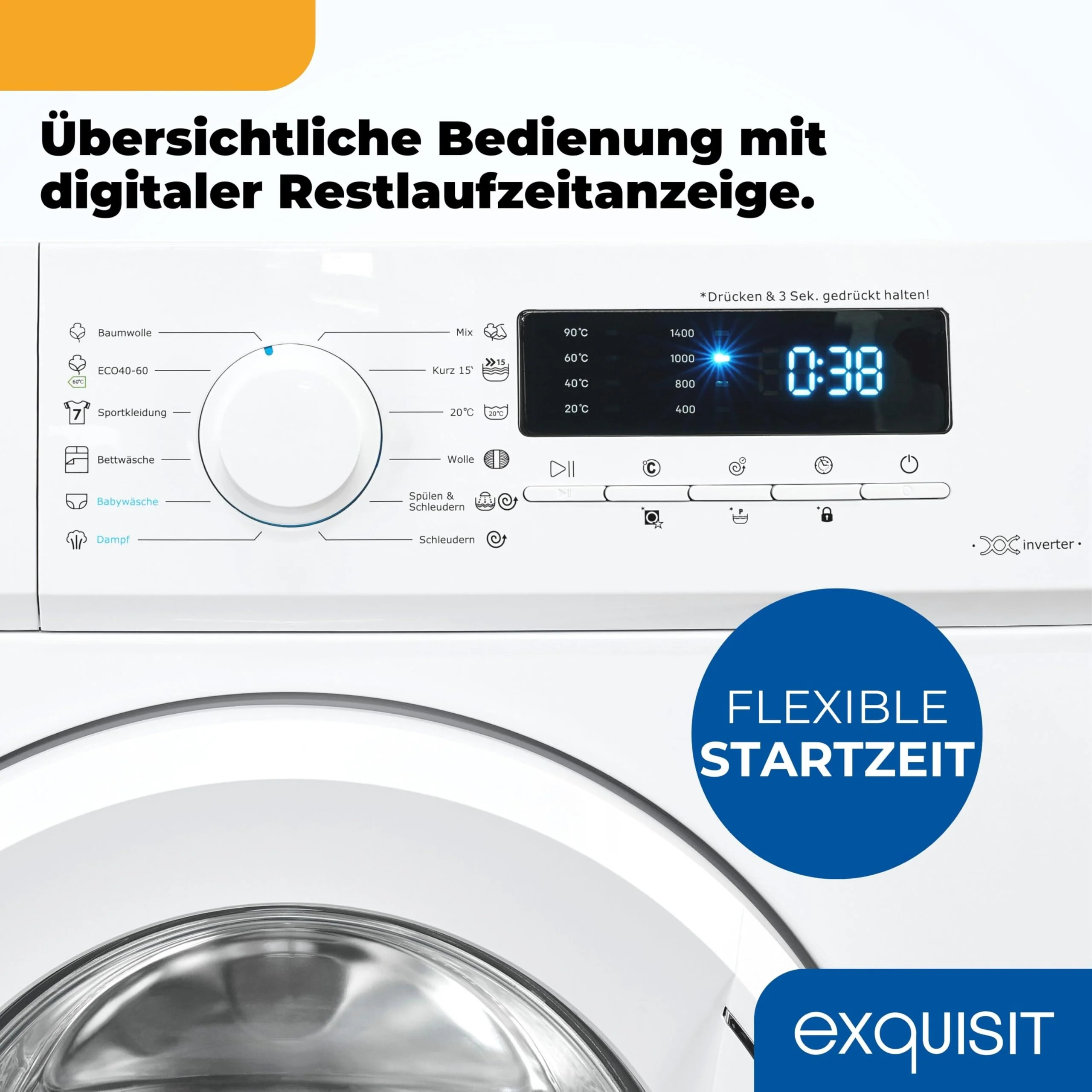 Exquisit Waschmaschine 7kg, Energieeffizienzklasse A, max. 1400 U/Min, Kurzprogramm, Mixprogramm, Startzeitvorwahl (3-24 Std.), Aquastop, 12 Waschprogramme, WA57014-020A weiss - Image 3