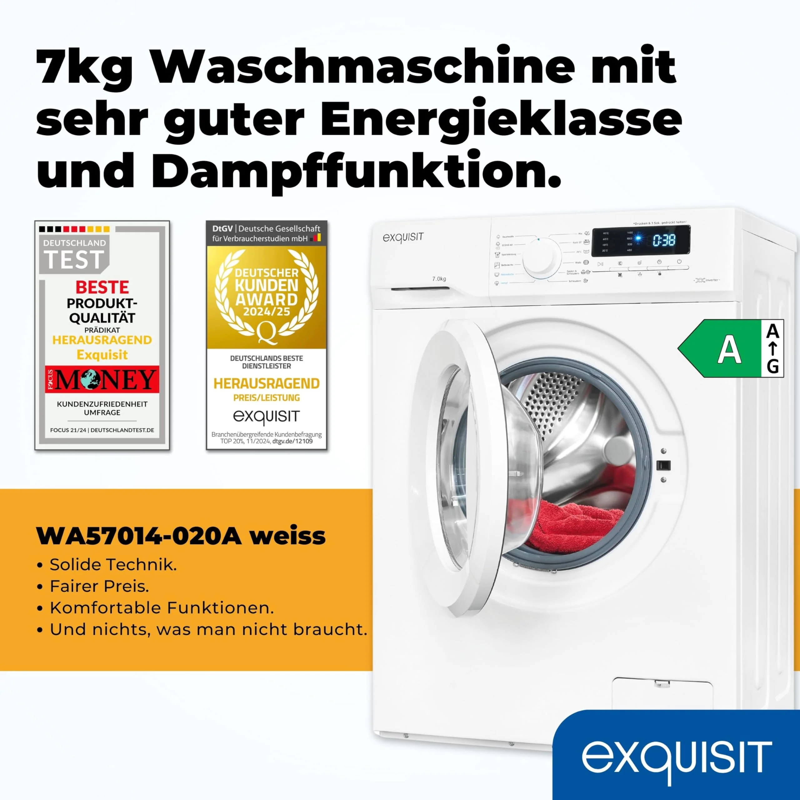 Exquisit Waschmaschine 7kg, Energieeffizienzklasse A, max. 1400 U/Min, Kurzprogramm, Mixprogramm, Startzeitvorwahl (3-24 Std.), Aquastop, 12 Waschprogramme, WA57014-020A weiss - Image 4