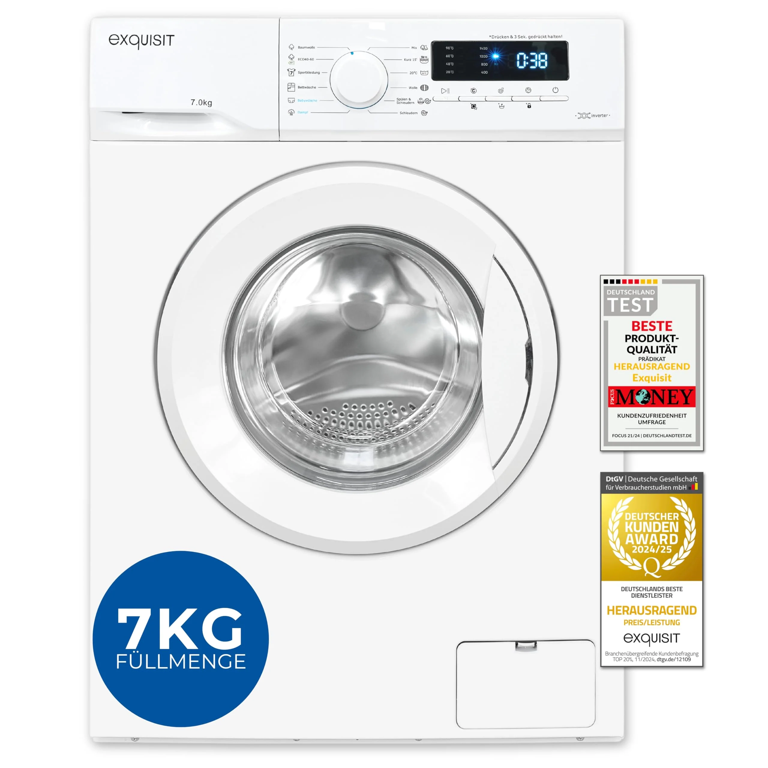 Exquisit Waschmaschine 7kg, Energieeffizienzklasse A, max. 1400 U/Min, Kurzprogramm, Mixprogramm, Startzeitvorwahl (3-24 Std.), Aquastop, 12 Waschprogramme, WA57014-020A weiss - Image 9