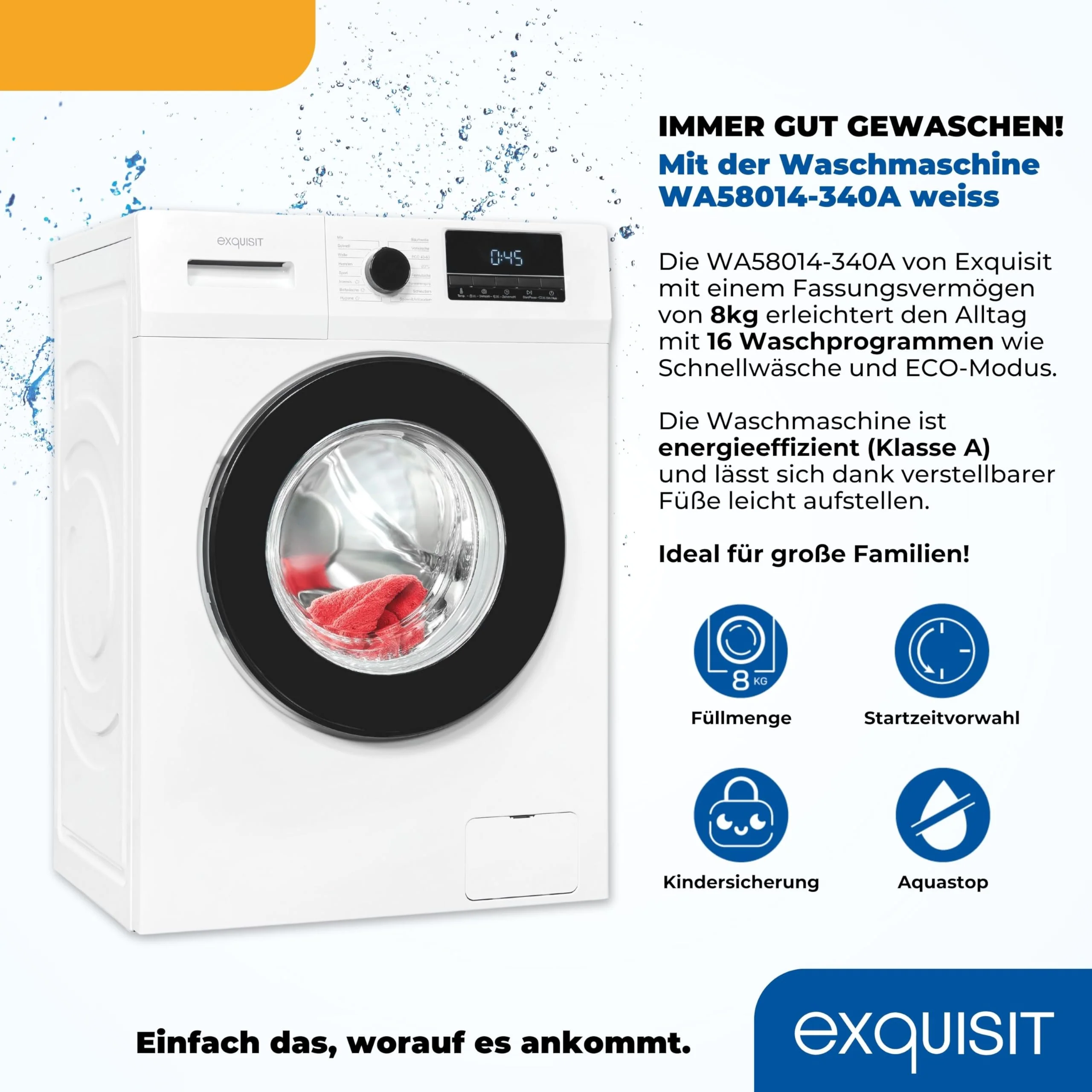 Exquisit Waschmaschine 8kg, Energieeffizienzklasse A, max. 1400 U/Min, Schnellprogramm, Startzeitvorwahl (3-24 Std.), Kindersicherung, Aquastop, ECO, 16 Waschprogramme, WA58014-340A weiss - Image 8