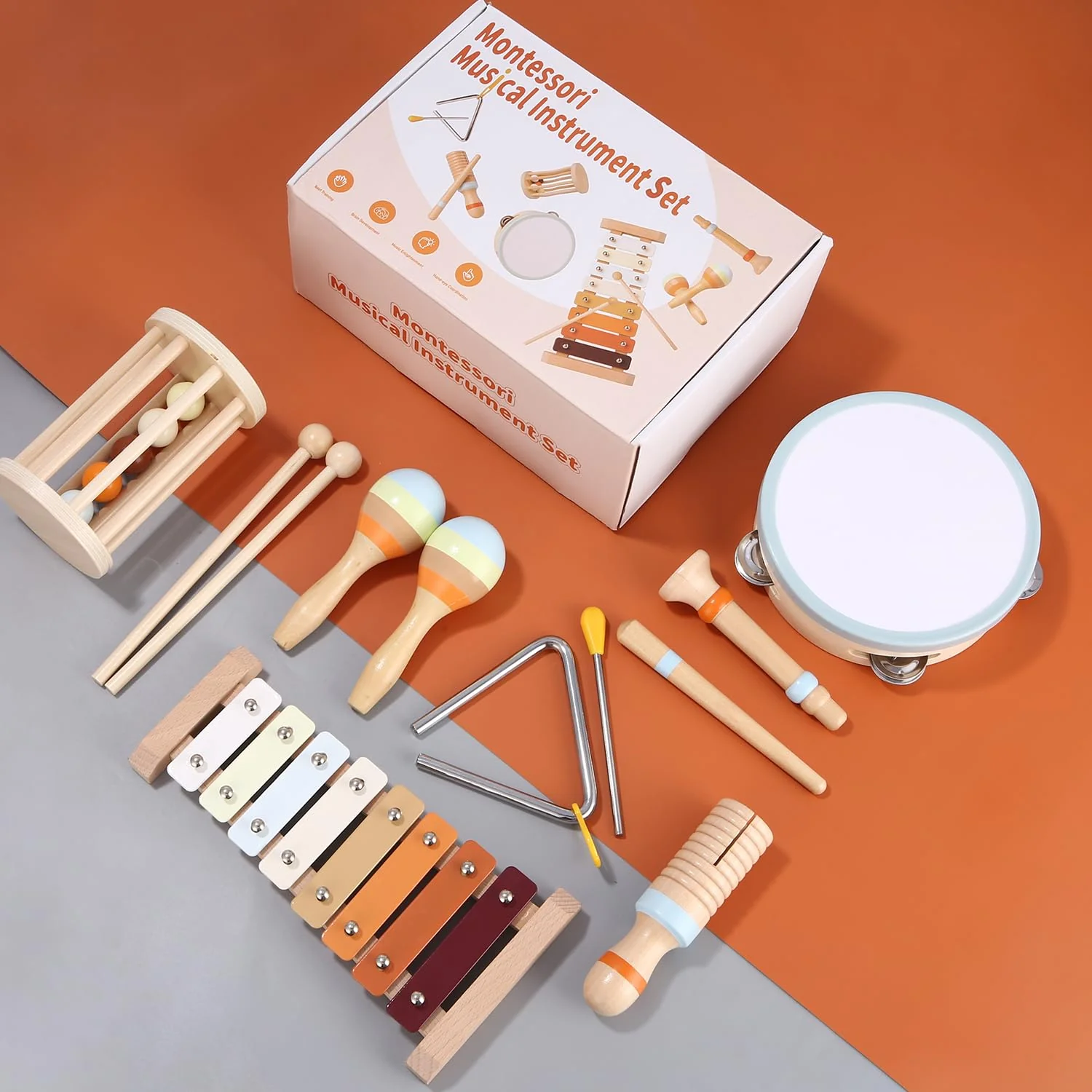 Exyvox Musikinstrumente für Kinder, 12 PCS Baby-Musikinstrumente, Kinderspielzeug Ab 2 Jahre, Musikinstrumente Musical Instruments Set, Percussion-Instrumente Set mit Xylophon, Holzspielzeug. - Image 2