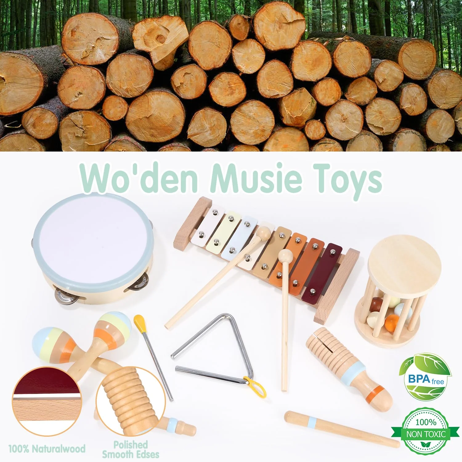 Exyvox Musikinstrumente für Kinder, 12 PCS Baby-Musikinstrumente, Kinderspielzeug Ab 2 Jahre, Musikinstrumente Musical Instruments Set, Percussion-Instrumente Set mit Xylophon, Holzspielzeug. - Image 5