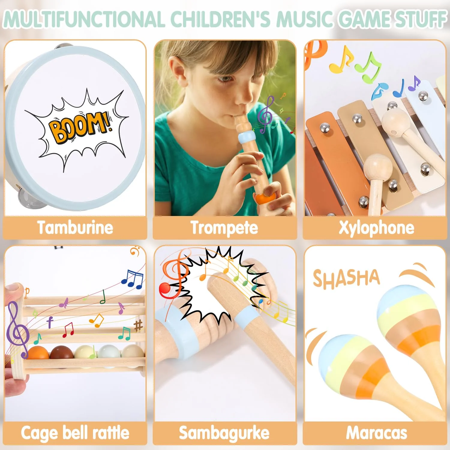 Exyvox Musikinstrumente für Kinder, 12 PCS Baby-Musikinstrumente, Kinderspielzeug Ab 2 Jahre, Musikinstrumente Musical Instruments Set, Percussion-Instrumente Set mit Xylophon, Holzspielzeug. - Image 6