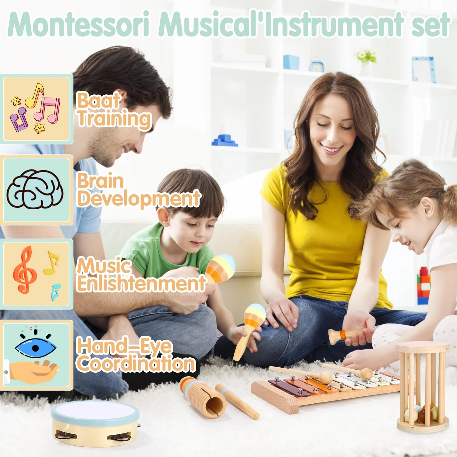 Exyvox Musikinstrumente für Kinder, 12 PCS Baby-Musikinstrumente, Kinderspielzeug Ab 2 Jahre, Musikinstrumente Musical Instruments Set, Percussion-Instrumente Set mit Xylophon, Holzspielzeug. - Image 7