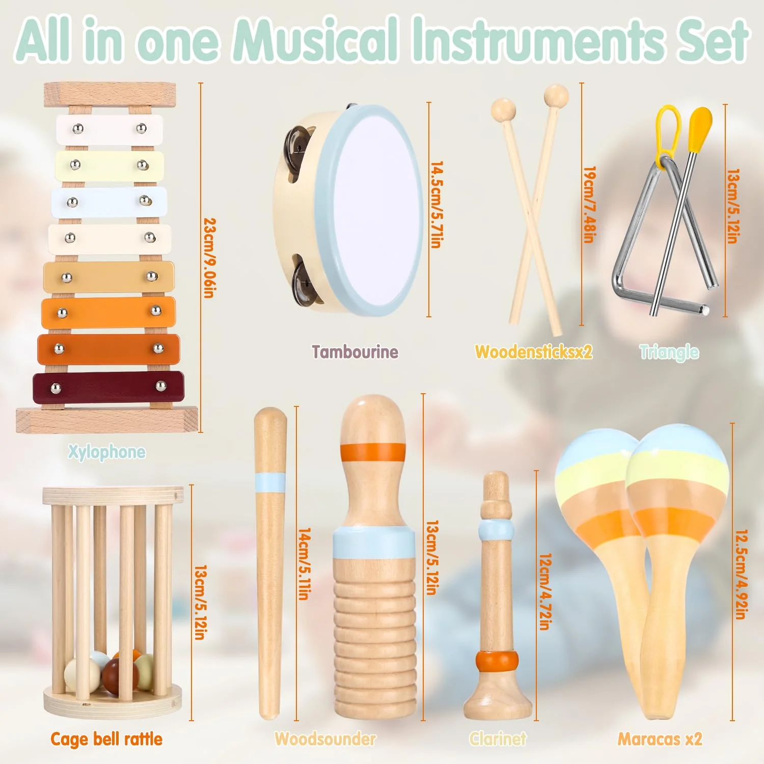 Exyvox Musikinstrumente für Kinder, 12 PCS Baby-Musikinstrumente, Kinderspielzeug Ab 2 Jahre, Musikinstrumente Musical Instruments Set, Percussion-Instrumente Set mit Xylophon, Holzspielzeug. - Image 8