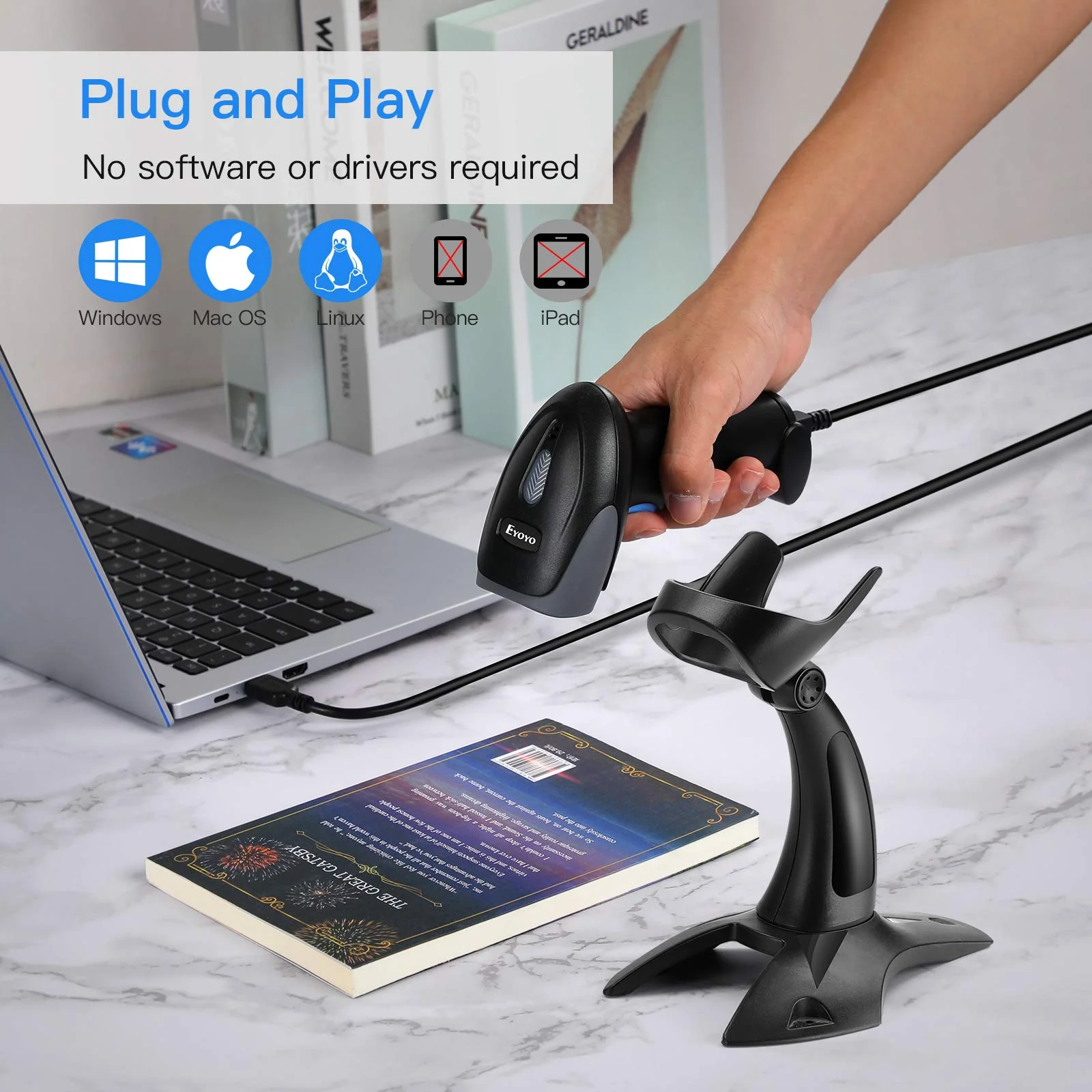 Eyoyo 1D 2D QR Barcode Scanner with Stand, Handheld USB Wired Scanner for Inventory Management, Portable Bar Code/QR Code Reader Screen Scanning Auto Sensing- Handsfree Scanner - Image 2