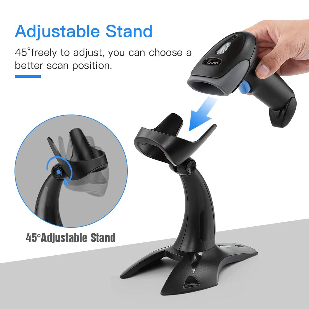 Eyoyo 1D 2D QR Barcode Scanner with Stand, Handheld USB Wired Scanner for Inventory Management, Portable Bar Code/QR Code Reader Screen Scanning Auto Sensing- Handsfree Scanner - Image 3