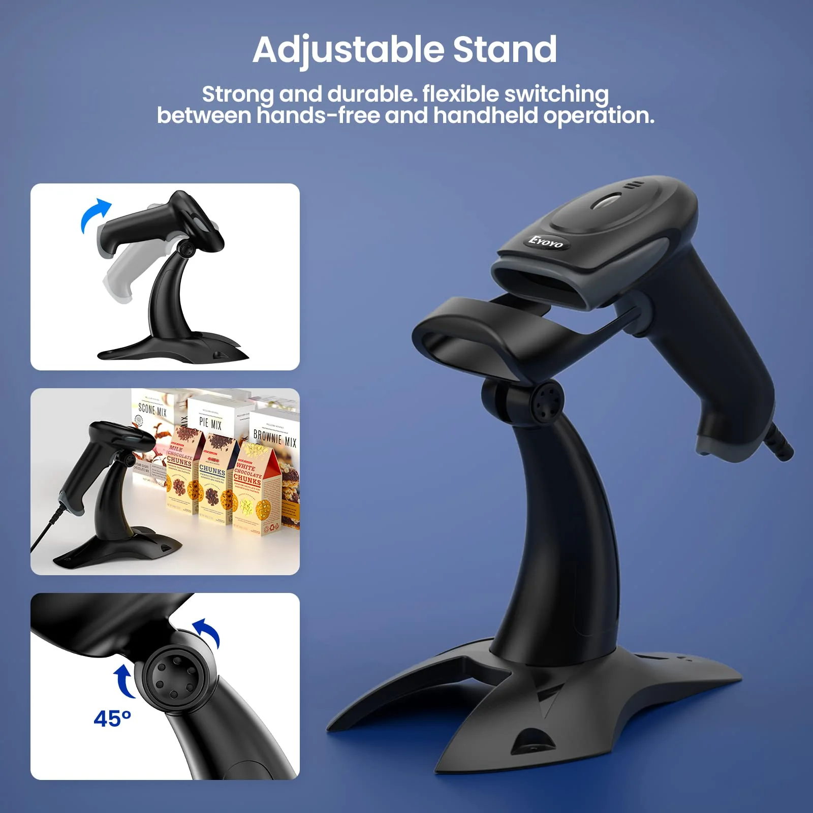 Eyoyo Barcode Scanner 2D, USB Verdrahtet Handheld QR Code Scanner mit Stand, Auto-Sensing Scanner für Handsfree, Screen Scanning Bar Code Reader für Computer POS Markt Bibliothek Store Medical - Image 2