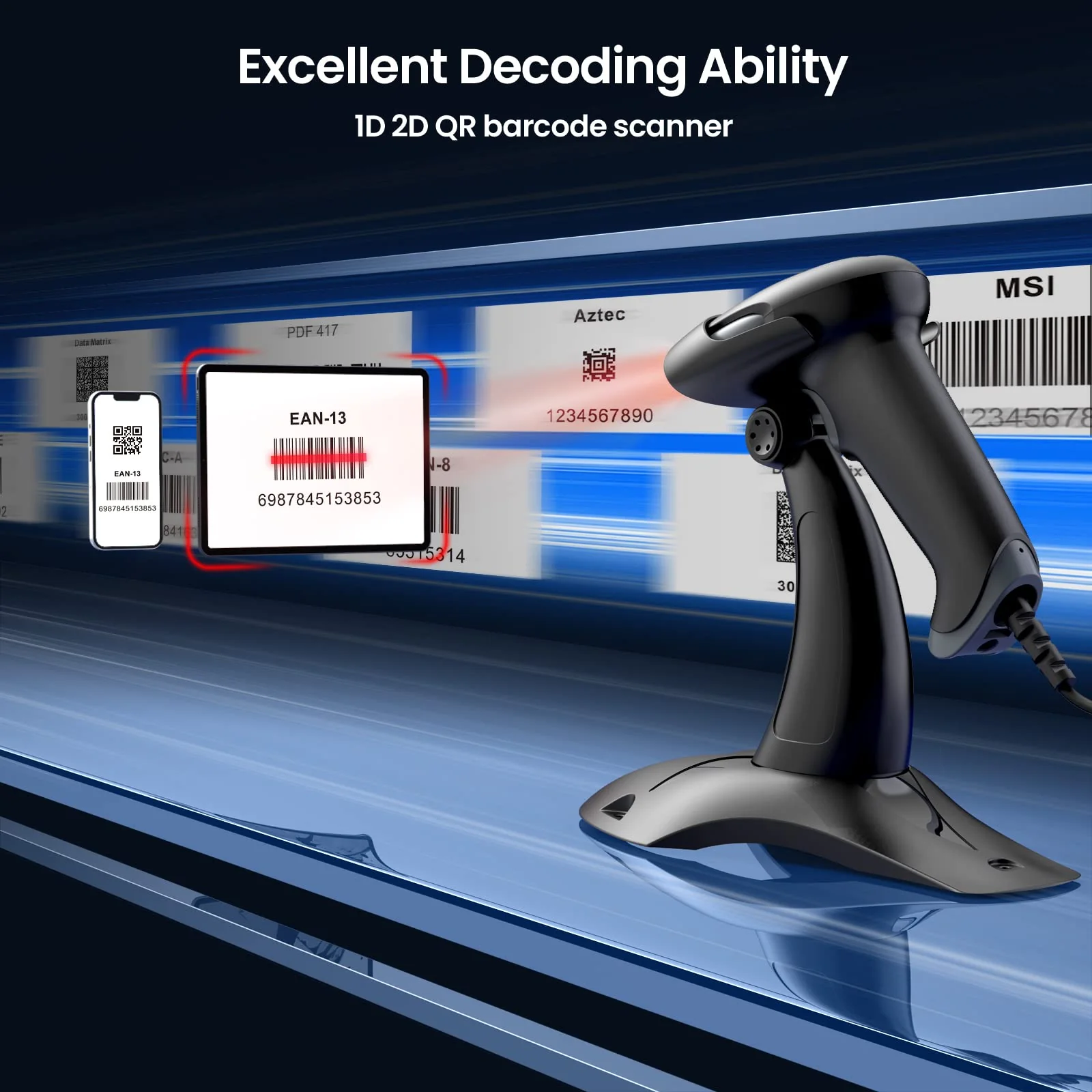 Eyoyo Barcode Scanner 2D, USB Verdrahtet Handheld QR Code Scanner mit Stand, Auto-Sensing Scanner für Handsfree, Screen Scanning Bar Code Reader für Computer POS Markt Bibliothek Store Medical - Image 3