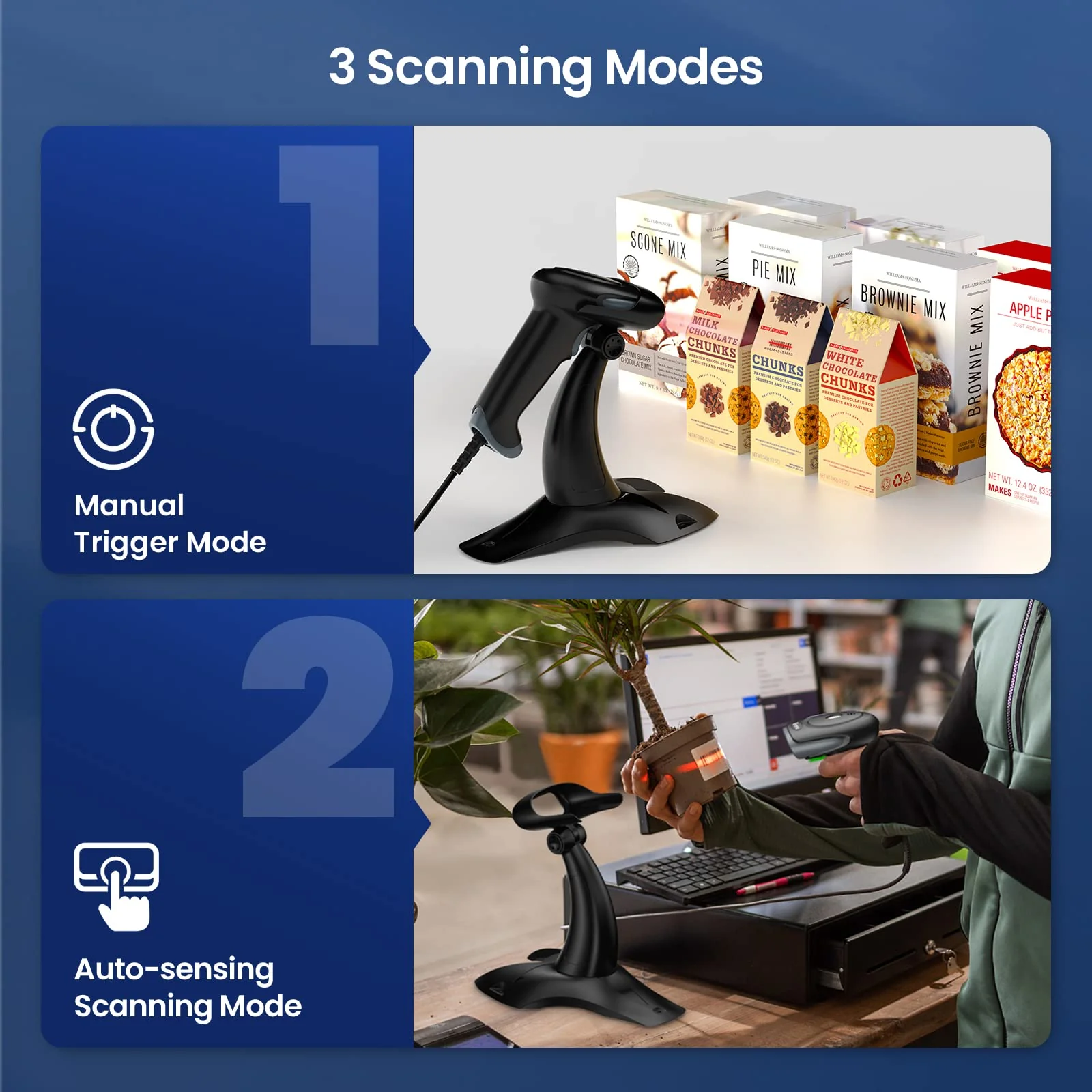Eyoyo Barcode Scanner 2D, USB Verdrahtet Handheld QR Code Scanner mit Stand, Auto-Sensing Scanner für Handsfree, Screen Scanning Bar Code Reader für Computer POS Markt Bibliothek Store Medical - Image 5