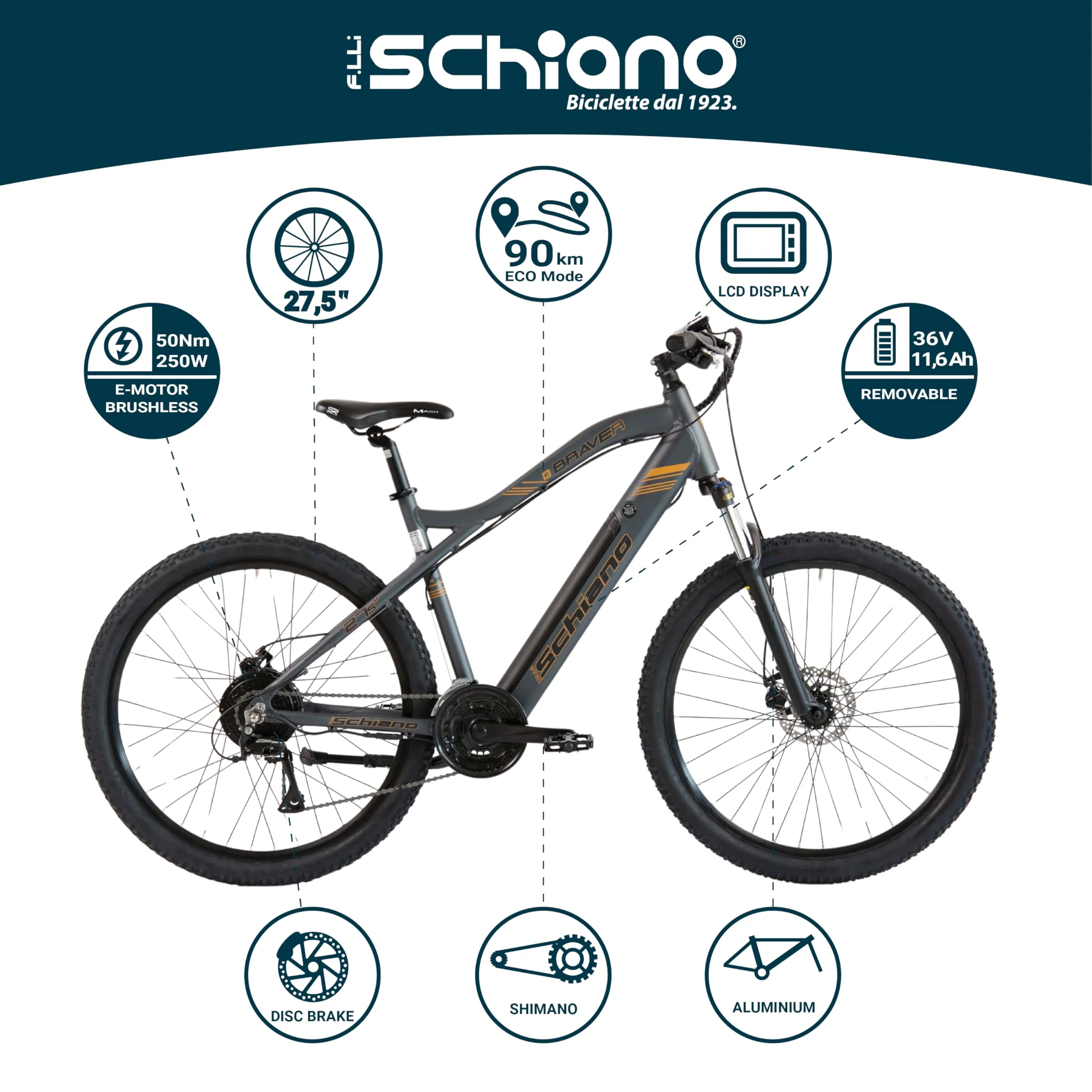F.lli Schiano Braver, E Bike Mountainbike, 27.5 Zoll, 36V 11.6Ah Abnehmbarer Akku, Motor 250W 50Nm, MTB Ebike für Herren/Damen, Grau - Image 7