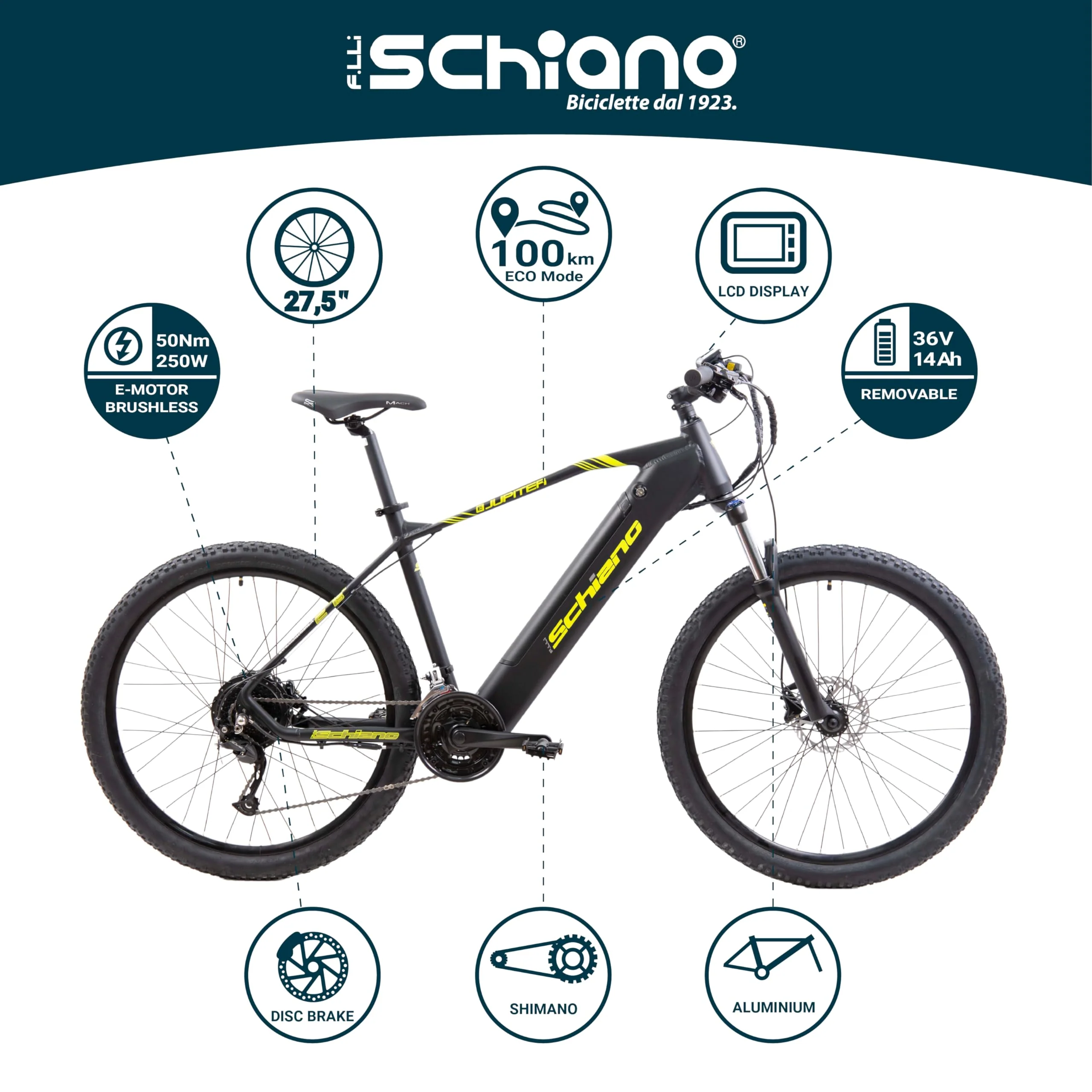 F.lli Schiano E-Jupiter, E Bike Mountainbike, 27.5 Zoll, 36V 14Ah Abnehmbarer Akku, Motor 250W 50Nm, MTB Ebike für Herren/Damen, Schwarz-Gelb - Image 6