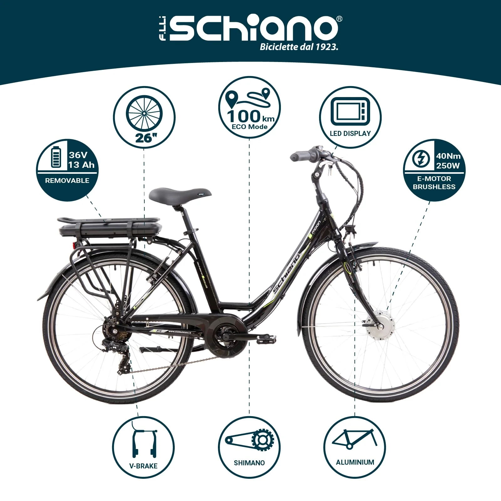 F.lli Schiano E-Moon, E Bike für die Stadt 26 Zoll, 36V 13Ah Abnehmbarer Akku, Motor 250W 40Nm, City Ebike für Herren/Damen, Schwarz - Image 3