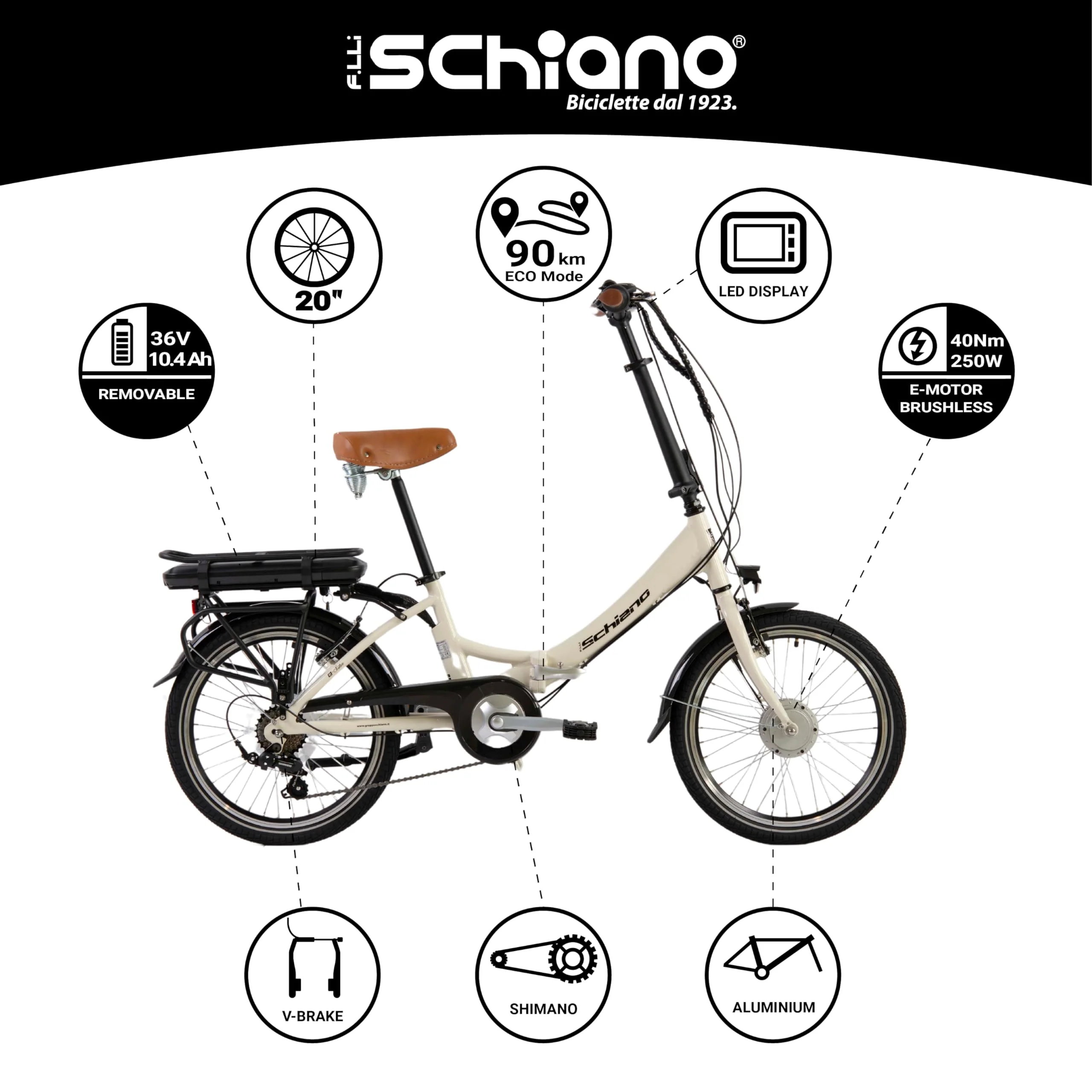 F.lli Schiano E-Star, E Bike Klappbar 20 Zoll, 36V 10.4Ah Abnehmbarer Akku, Motor 250W 40Nm, Klapprad Ebike für Herren/Damen, Antikweiß - Image 2