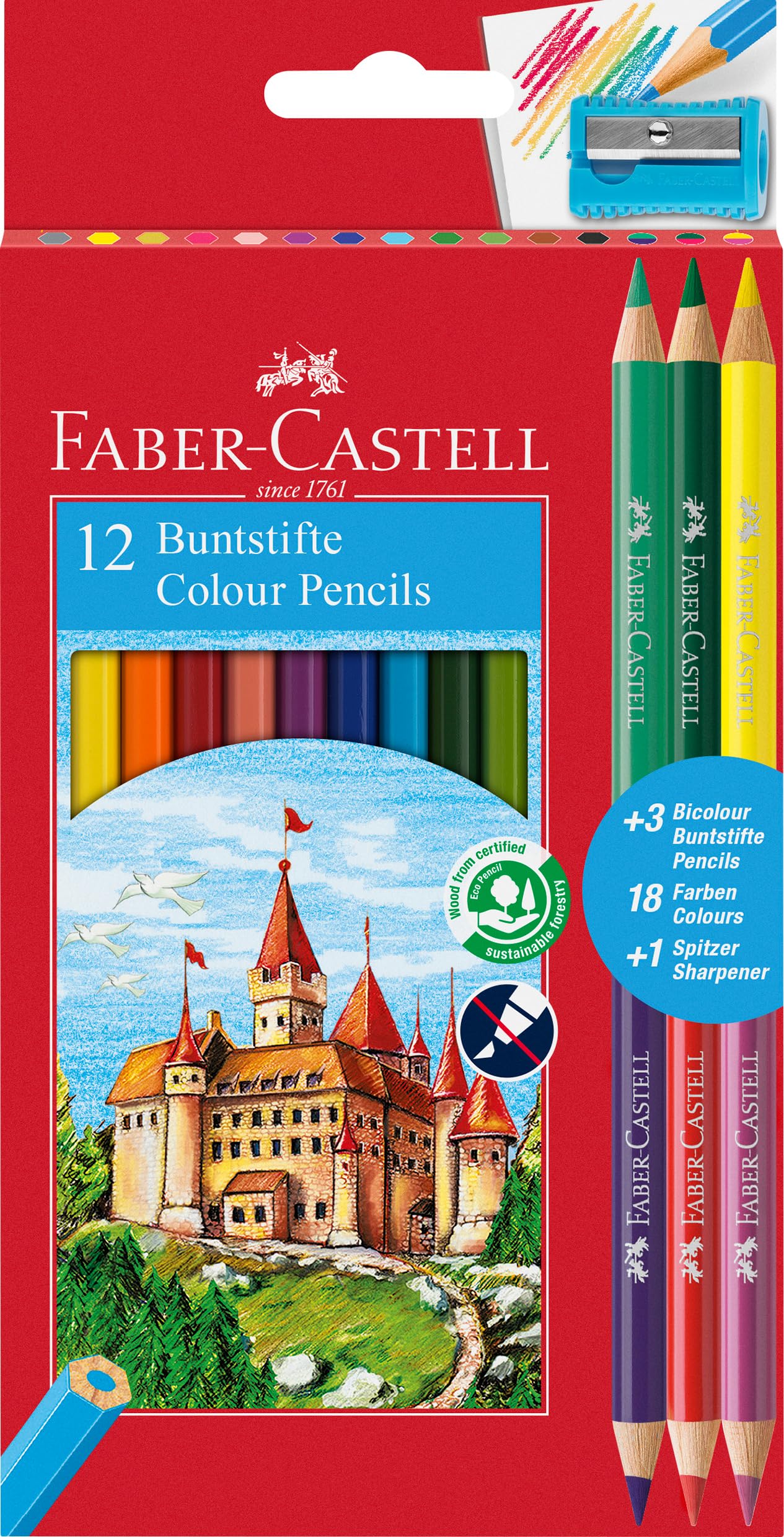 Faber-Castell 110312 - Buntstifte Set für Kinder und Erwachsene, 15-teilig, bruchsicher, inkl. 3 Bicolour Buntstifte und 1 Spitzer