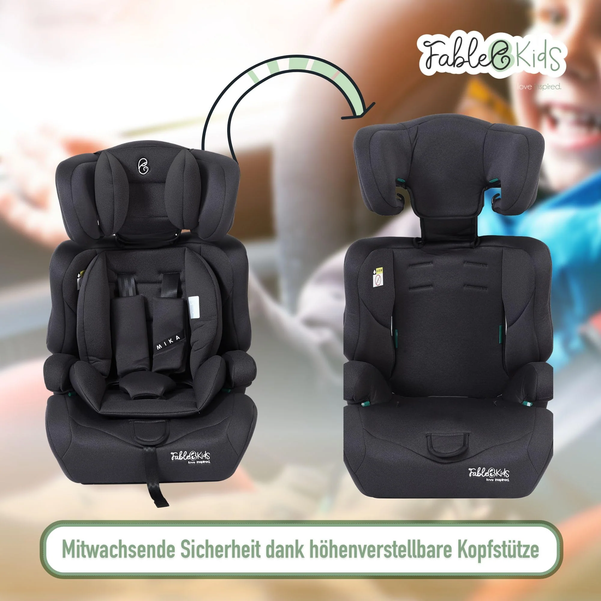 FableKids Kinderautositz | 3-Punkt-Sicherheitsgurt | Autokindersitz ab 15 M. | Autositz für Kinder 76-150 cm | Kindersitz einstellbare Kopfstütze | ECE R129/03 | Verstellbar 44,5x41x68-75cm | Schwarz - Image 4