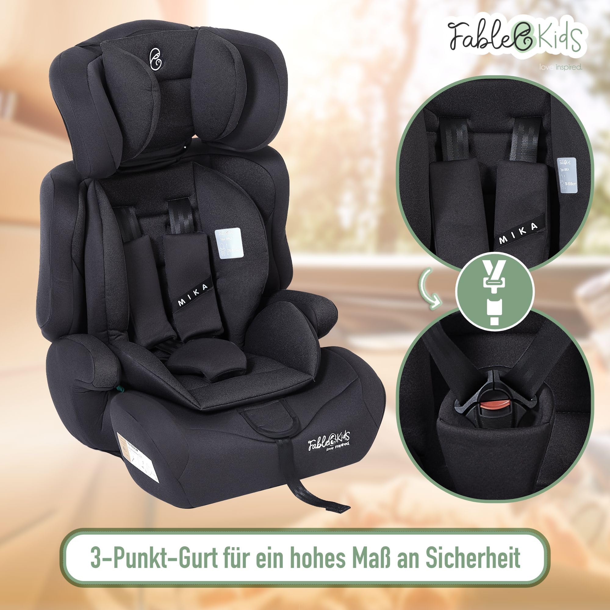 FableKids Kinderautositz | 3-Punkt-Sicherheitsgurt | Autokindersitz ab 15 M. | Autositz für Kinder 76-150 cm | Kindersitz einstellbare Kopfstütze | ECE R129/03 | Verstellbar 44,5x41x68-75cm | Schwarz - Image 5