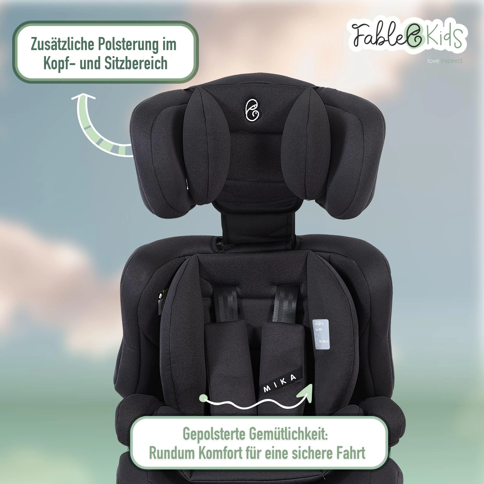 FableKids Kinderautositz | 3-Punkt-Sicherheitsgurt | Autokindersitz ab 15 M. | Autositz für Kinder 76-150 cm | Kindersitz einstellbare Kopfstütze | ECE R129/03 | Verstellbar 44,5x41x68-75cm | Schwarz - Image 6