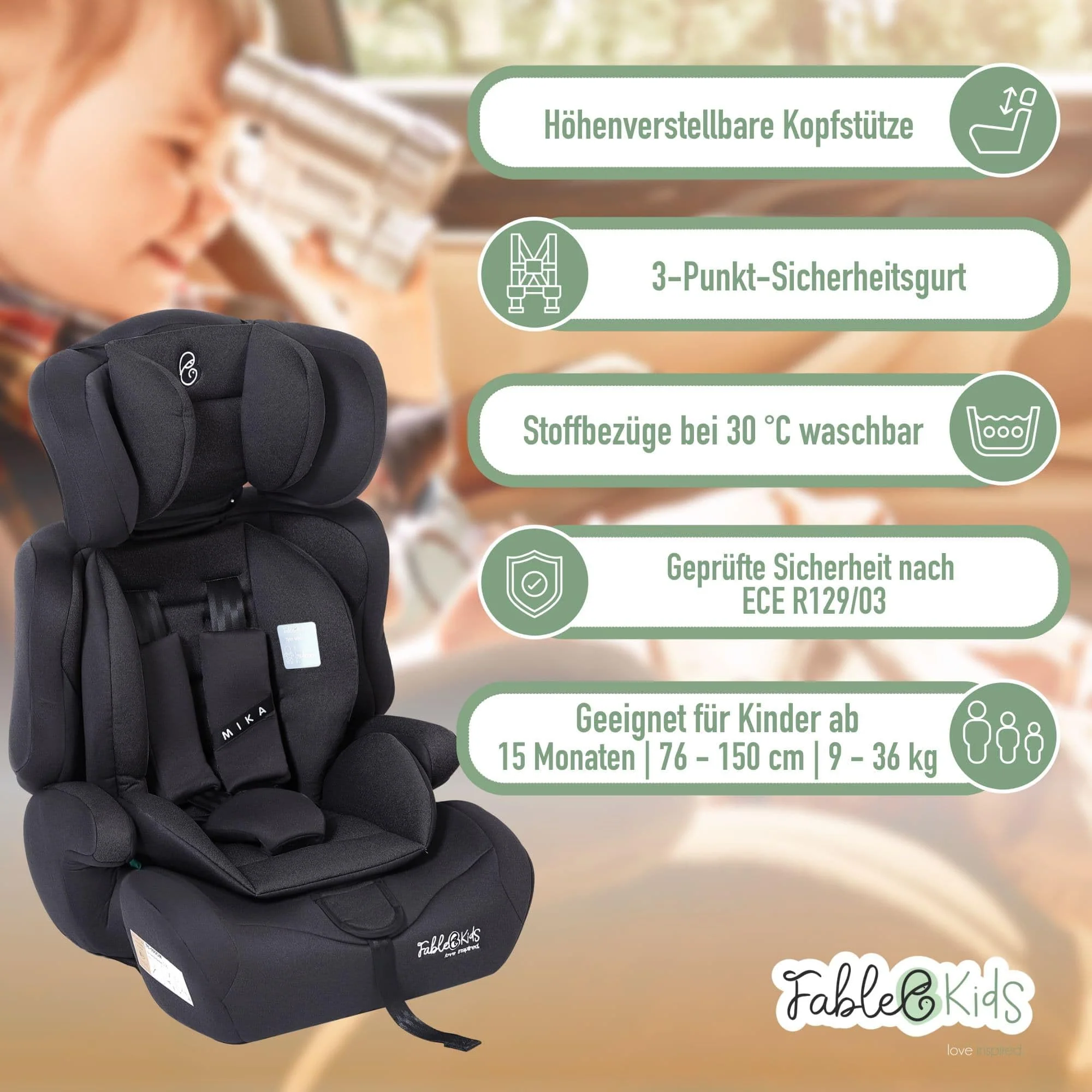 FableKids Kinderautositz | 3-Punkt-Sicherheitsgurt | Autokindersitz ab 15 M. | Autositz für Kinder 76-150 cm | Kindersitz einstellbare Kopfstütze | ECE R129/03 | Verstellbar 44,5x41x68-75cm | Schwarz - Image 7
