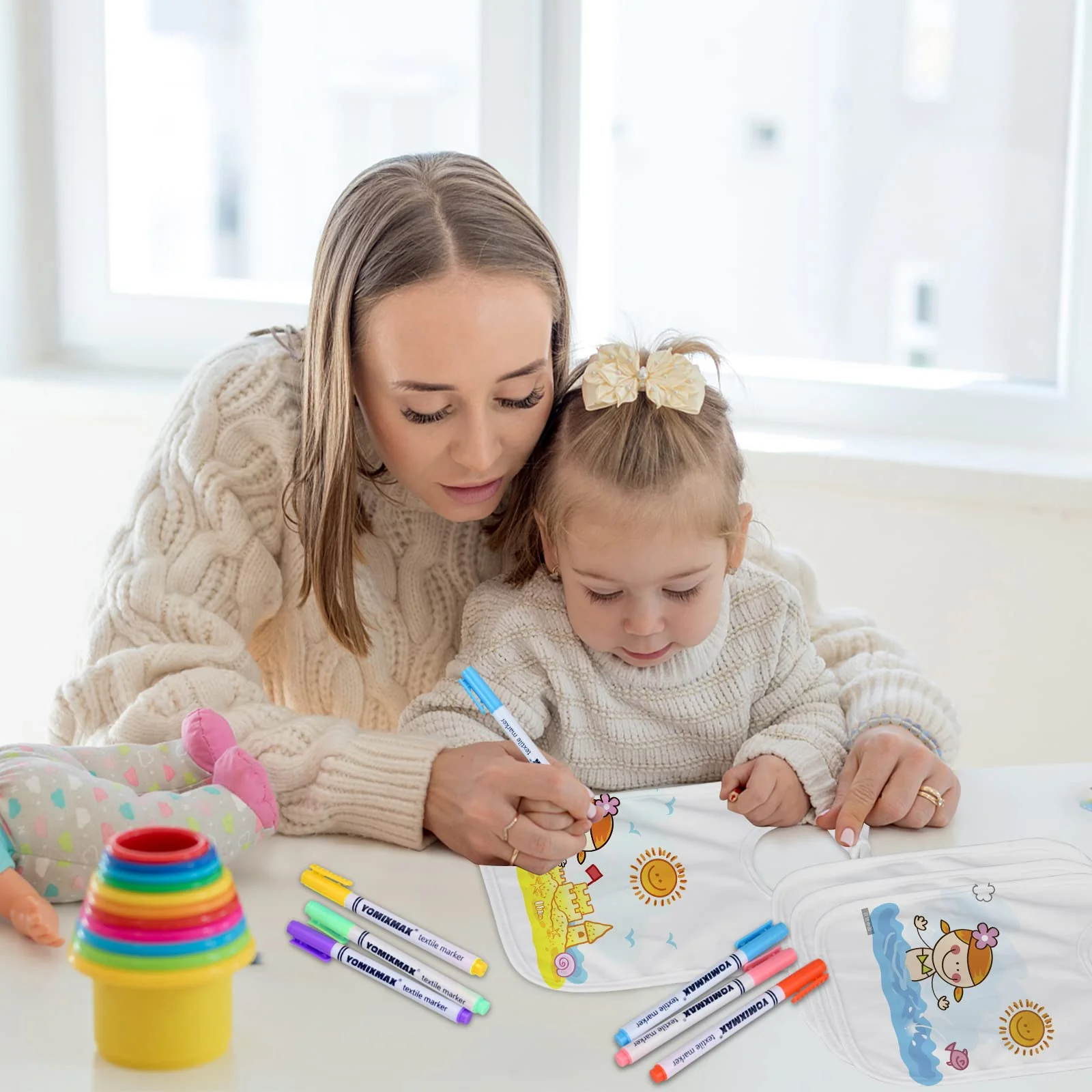 Faburo 12 Stück Baby Lätzchen zum Bemalen, 20 * 24cm Baby Lätzchen aus Baumwolle Doppelseitig mit 14pcs Farbigem Textilstift 5pcs Malen Schablonen für Babyshower Party - Image 4