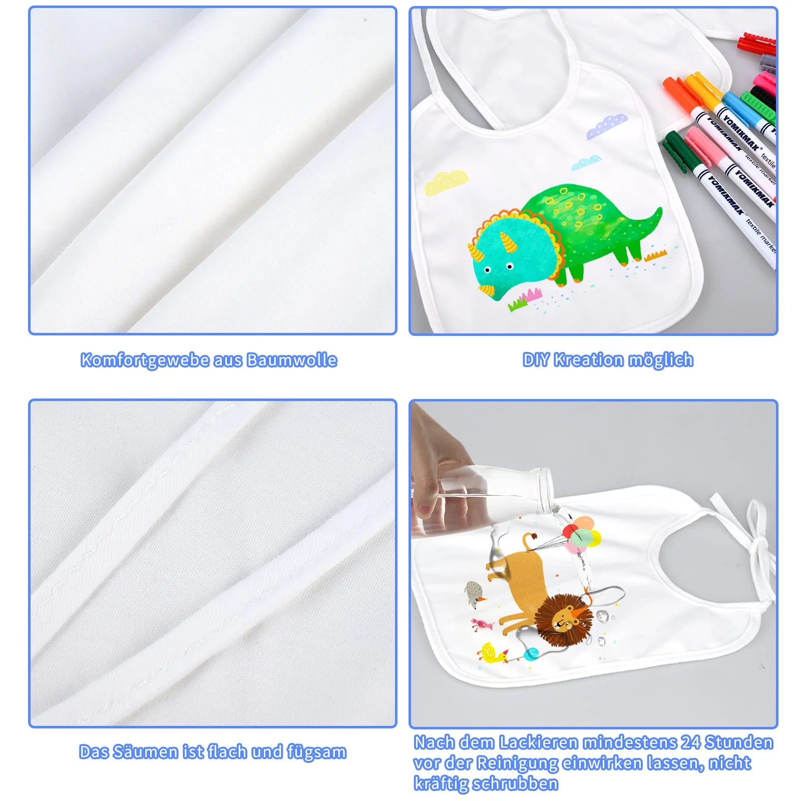 Faburo 12 Stück Baby Lätzchen zum Bemalen, 20 * 24cm Baby Lätzchen aus Baumwolle Doppelseitig mit 14pcs Farbigem Textilstift 5pcs Malen Schablonen für Babyshower Party - Image 8