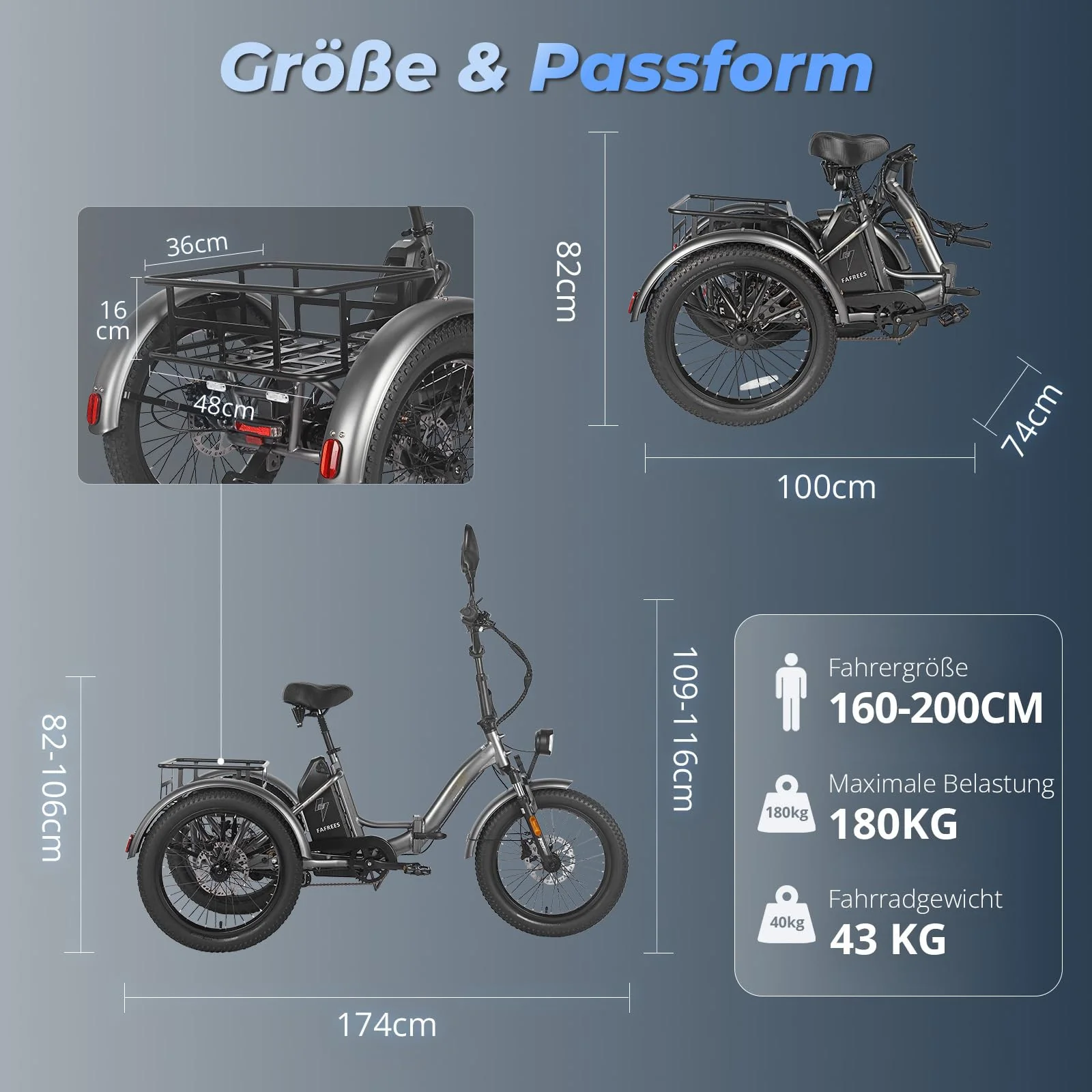 Fafrees E Bike 3 Rad, F20 Mate ebike klapprad Lastenfahrrad 20"*3.0 Zoll, e Bike Dreirad für Erwachsene 48V 21Ah Akku, 65N.m 25km/h, Dreirad für senioren (Kleiner hinterer Korb, Blau) - Image 2
