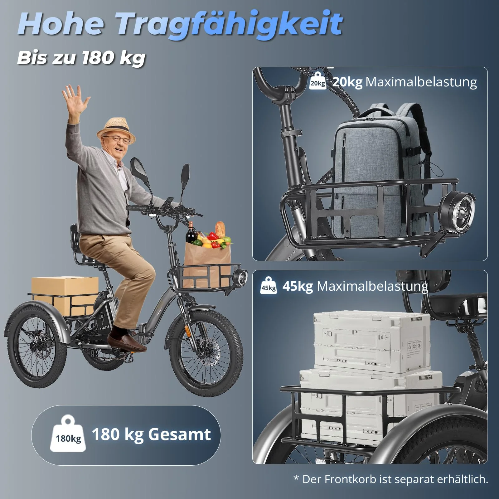 Fafrees E Bike 3 Rad, F20 Mate ebike klapprad Lastenfahrrad 20"*3.0 Zoll, e Bike Dreirad für Erwachsene 48V 21Ah Akku, 65N.m 25km/h, Dreirad für senioren (Kleiner hinterer Korb, Blau) - Image 5