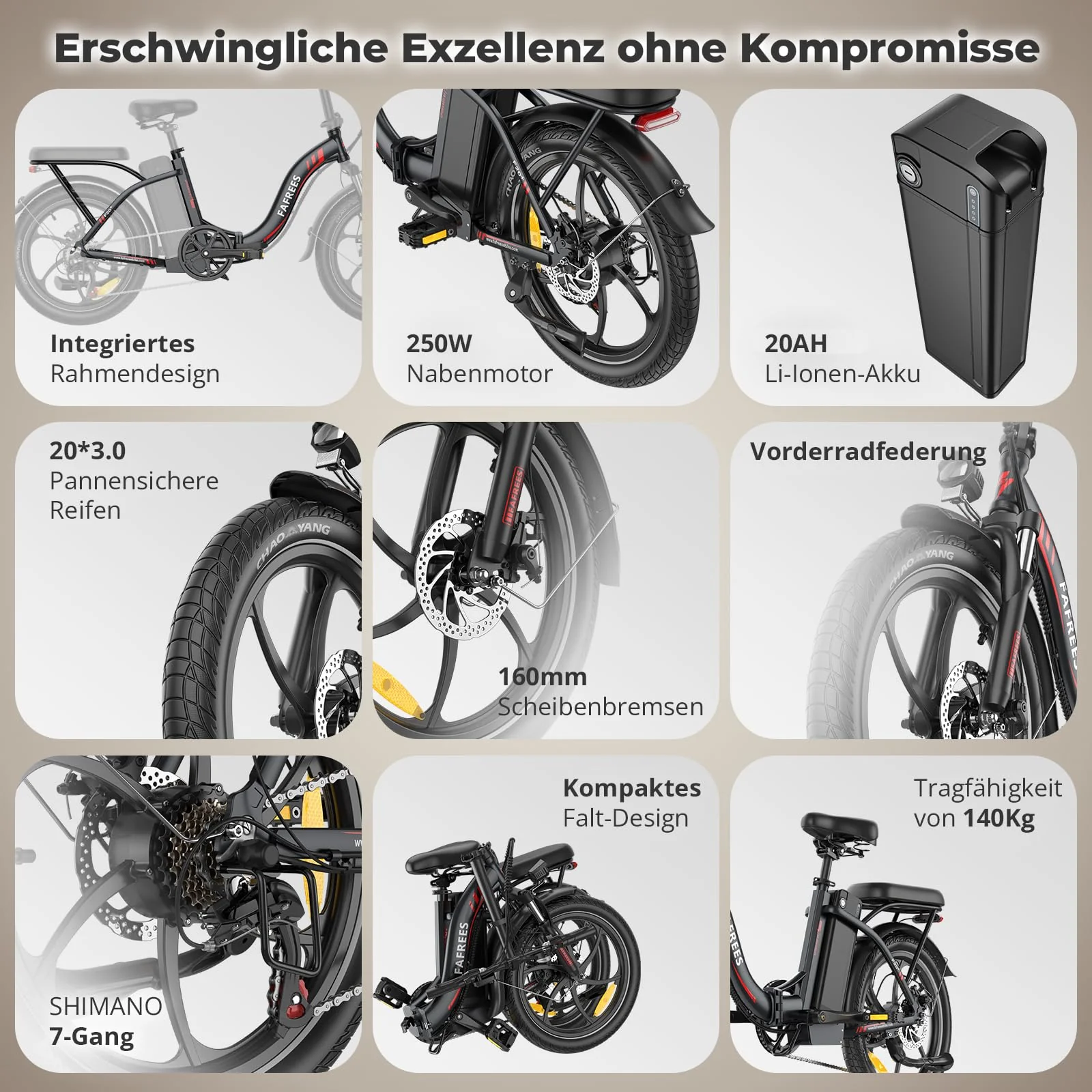 Fafrees E-Bike Klapprad 20 Zoll, Elektrofahrrad mit 36V 20AH Akku, 75-90km Reichweite, 250W Motor, IP54 & Federung, E-Bike Damen/Herren, Faltbar, LCD-Display, 3 Fahrmodi (F20+, Schwarz) - Image 9