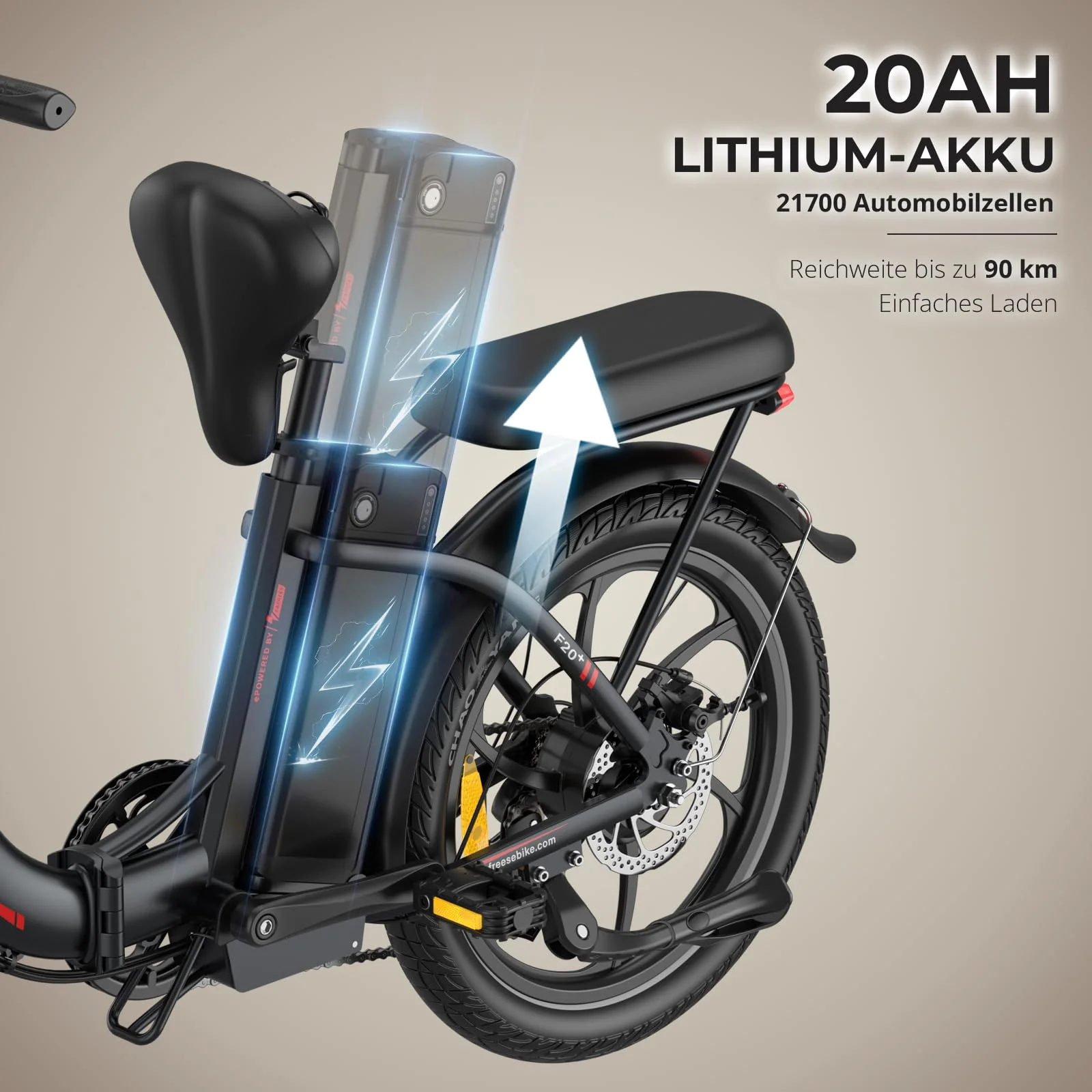 Fafrees F20+ E Bike Klappbar 20 * 3.0 Zoll, Upgrade 2025 Ebike Herren 250W, Elektrofahrrad 20Ah/720Wh Akku, E-Bike Damen 25km/h, Fatbike 7S, Pedelec faltrad Lagergewicht 140 KG (Schwarz) - Image 4