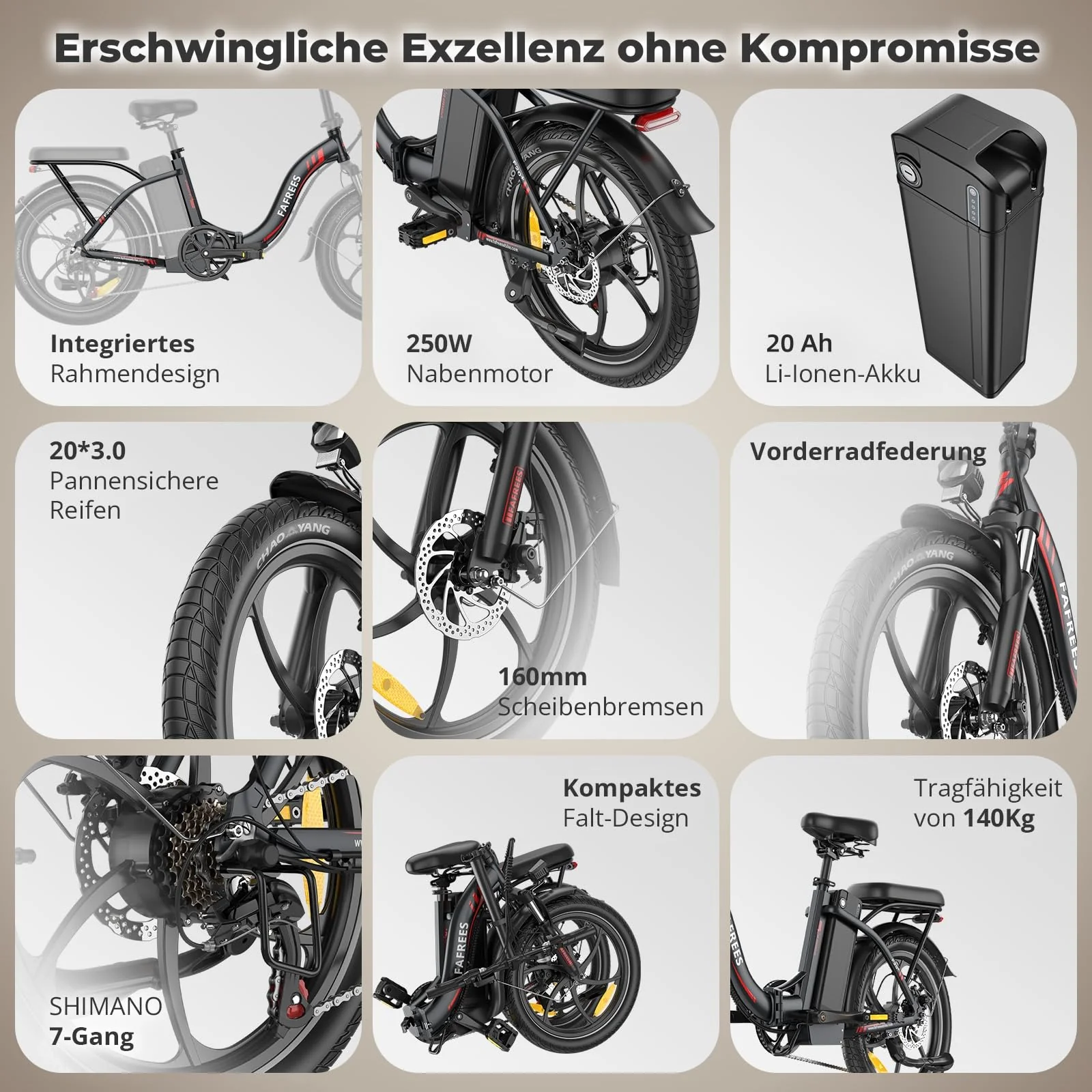 Fafrees F20+ E Bike Klappbar 20 * 3.0 Zoll, Upgrade 2025 Ebike Herren 250W, Elektrofahrrad 20Ah/720Wh Akku, E-Bike Damen 25km/h, Fatbike 7S, Pedelec faltrad Lagergewicht 140 KG (Schwarz) - Image 7