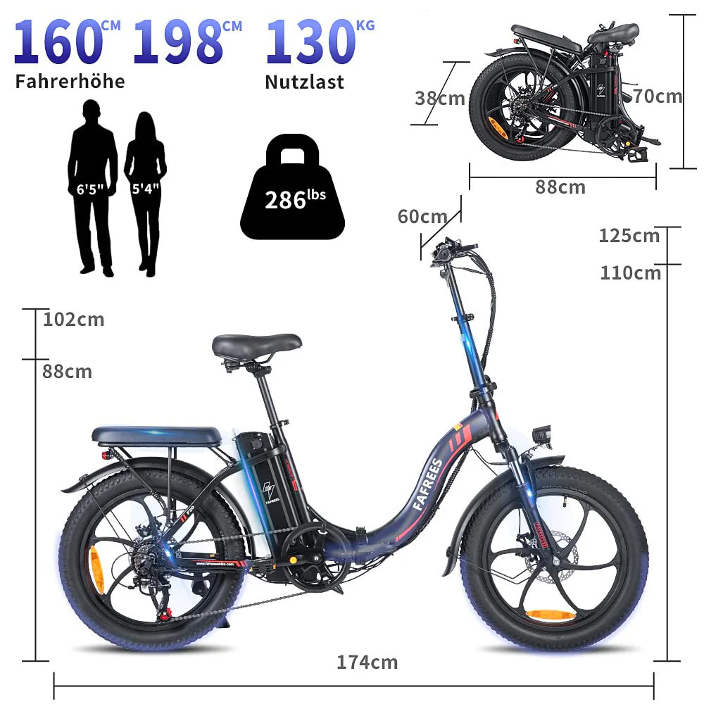 Fafrees F20 E-Bike Klapprad Elektrofahrrad 250W 36V 16AH Akku mit Superkapazität 20 Zoll Faltbares City Bike E-Mountainbike 20"*3.0 Fat Tire Tragfähigkeit 130kg (Schwarz Stil 2) - Image 2