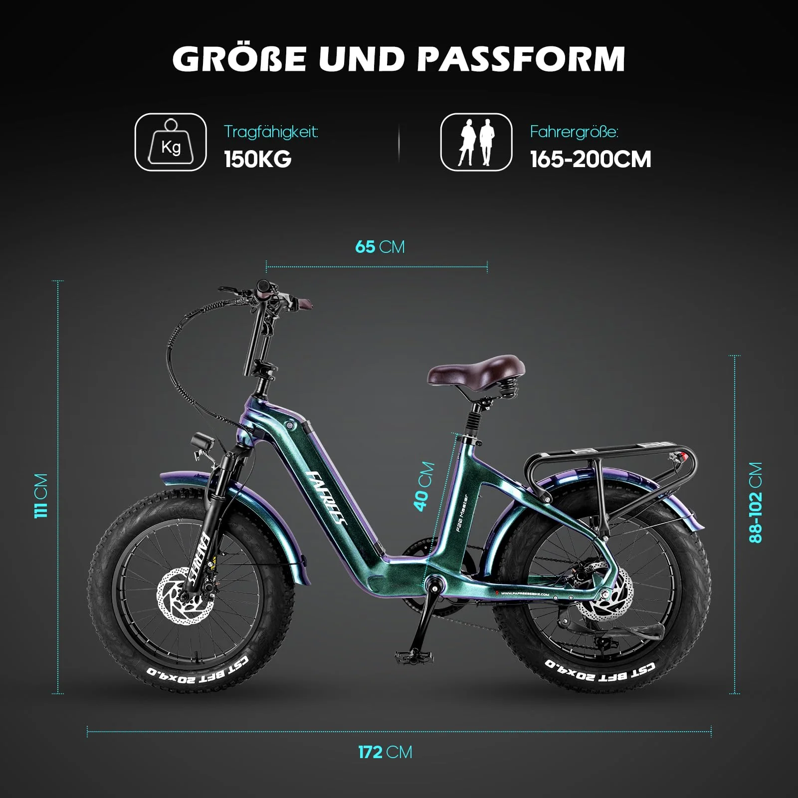 Fafrees F20 Master ebike 20 * 4.0 Zoll, Elektrofahrräder 48V 22.5Ah Akku, Carbonfaserrahmen e Bike Herren Damen 60N.m Motor, Pedelec Fahrradlast 150KG (Schwarz) - Image 2