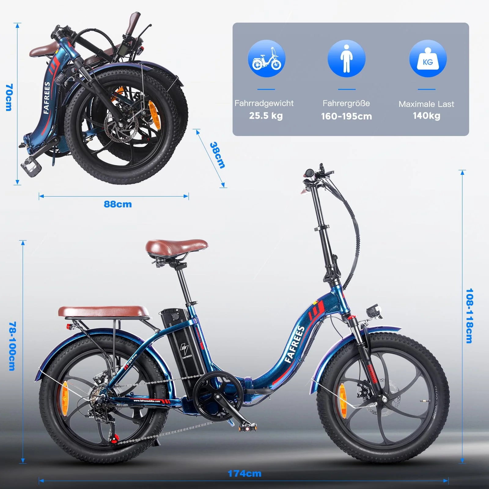 Fafrees F20 PRO E-Bike Klapprad Elektrofahrrad 20 Zoll Fatbike, 250W Motor 36V 18AH Akku, 20 * 3,0 Zoll Mountainbike Elektrofahrrad 40 Nm (Autoschloss, Schwarz) - Image 8