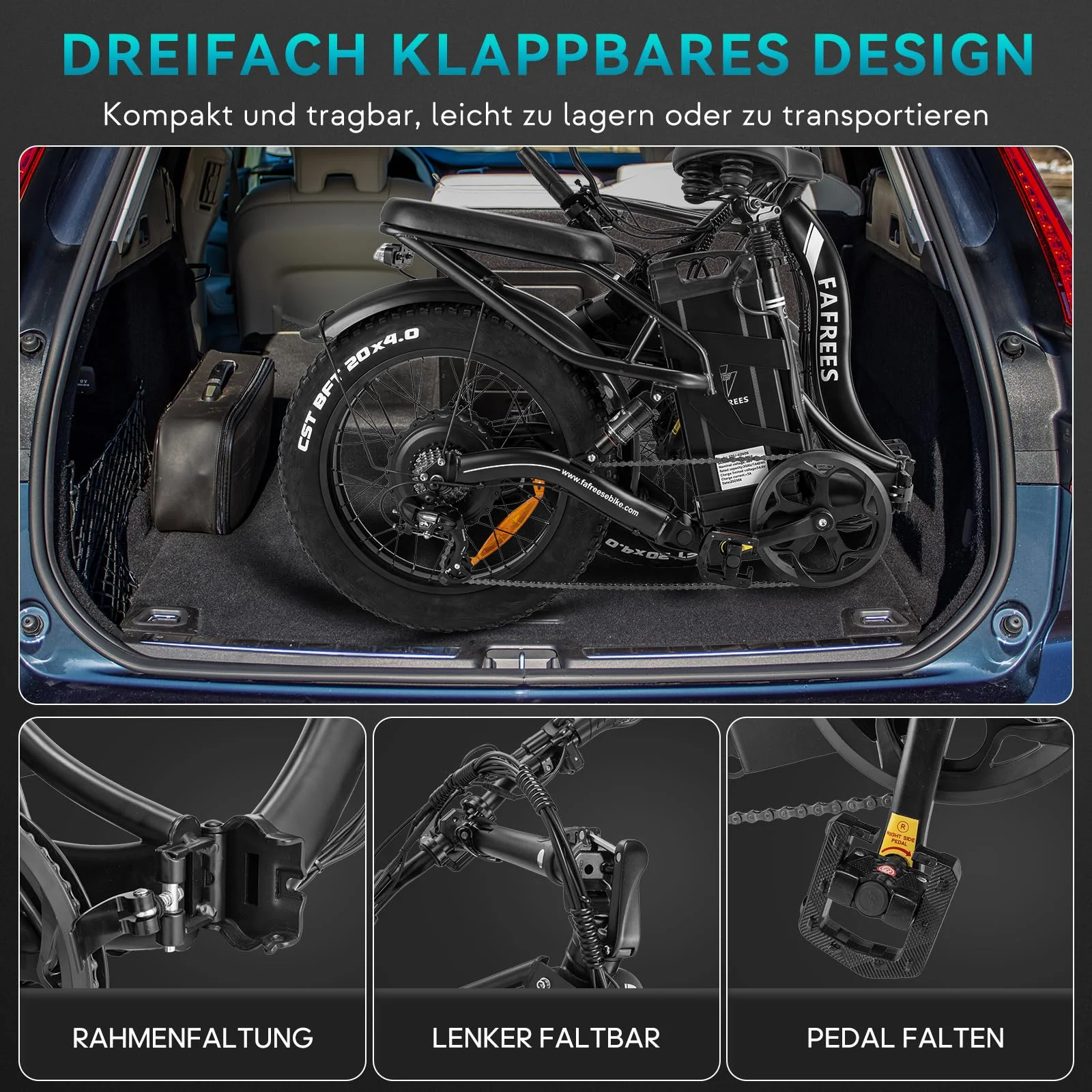 Fafrees F20 X-MAX E Bike Elektrofahrräder 20 Zoll, 48V 30Ah Akku, 4.0 Fat Tire Klapprad E-Bike, 65 N.m Motor, Lastkapazität 150 kg (Grau) - Image 4