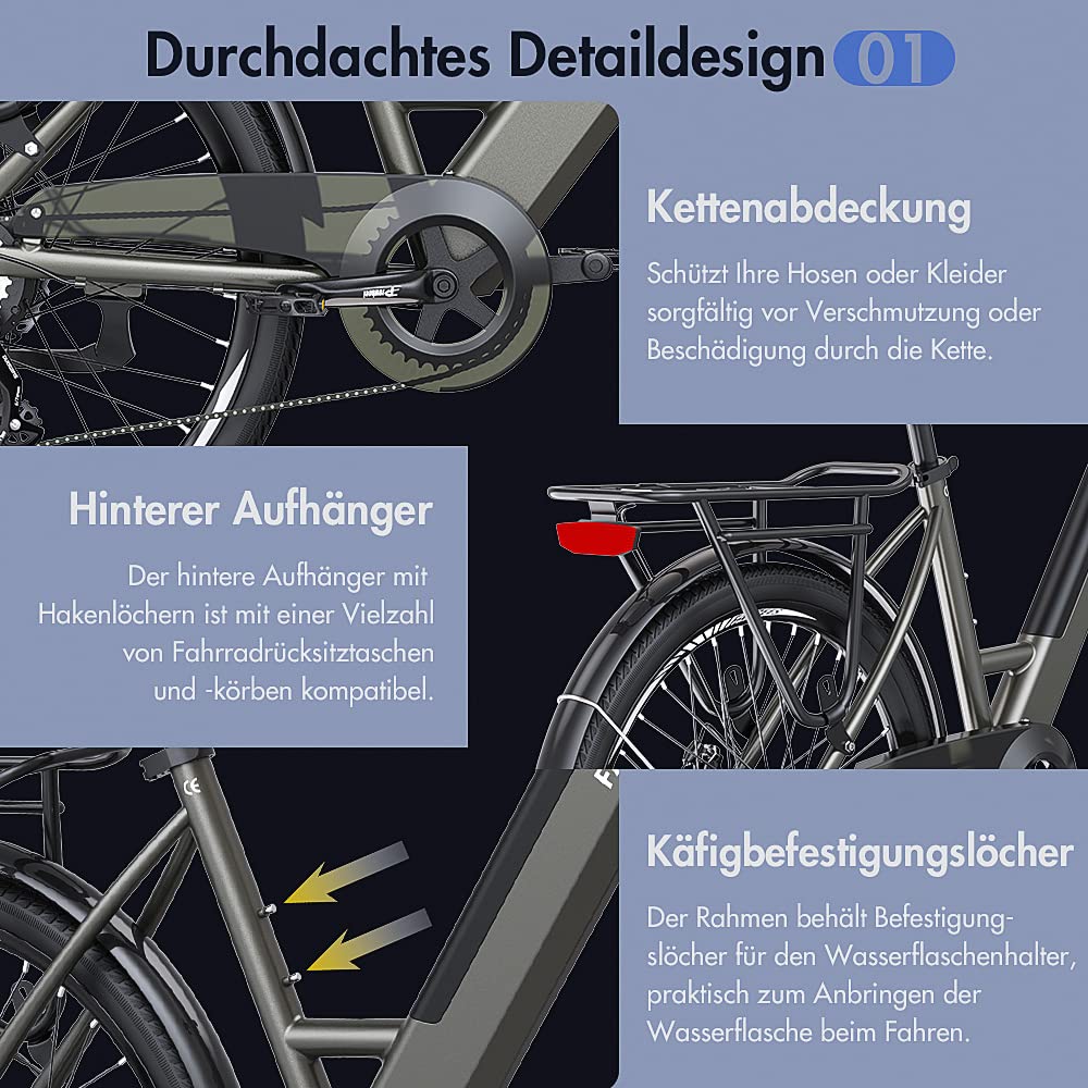 Fafrees F26 Pro ebike 14.5Ah Akku, Elektrofahrrad 250W 26 Zoll, City e-Bike 25km/h, e Bike Herren Damen, E-Fahrrad Support Mobile APP, Reichweite bis zu 55-110Km, Grau - Image 5