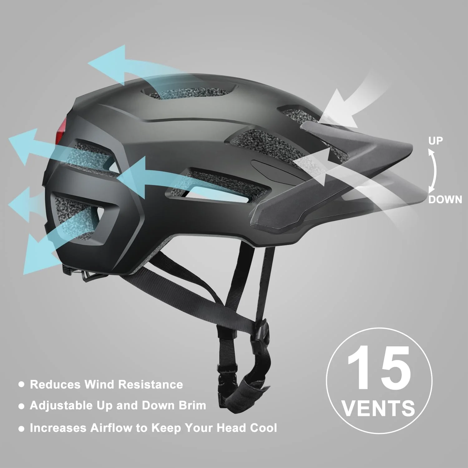 Fahrradhelm für Erwachsene mit wiederaufladbaren USB-LED-Front- und Rücklichtern, Mountainbike- und Rennradhelm für Männer und Frauen mit Verstellbarer Hutkrempe (Black, L) - Image 2