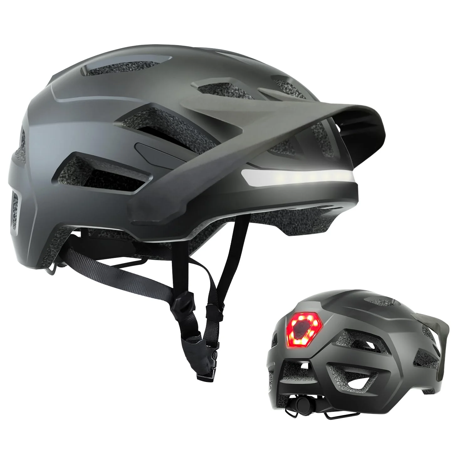 Fahrradhelm für Erwachsene mit wiederaufladbaren USB-LED-Front- und Rücklichtern, Mountainbike- und Rennradhelm für Männer und Frauen mit Verstellbarer Hutkrempe (Black, L) - Image 3