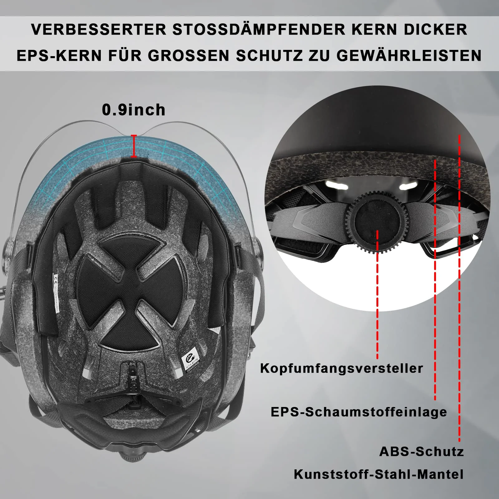 Fahrradhelm Herren, Damen Helm mit Magnetischem Visier Abnehmbarer Sonnenschutzkappe und Größenversteller, Schwarz Helm für E-Bike, Mountainbike & Citybike (M-Schutzbrille) - Image 7