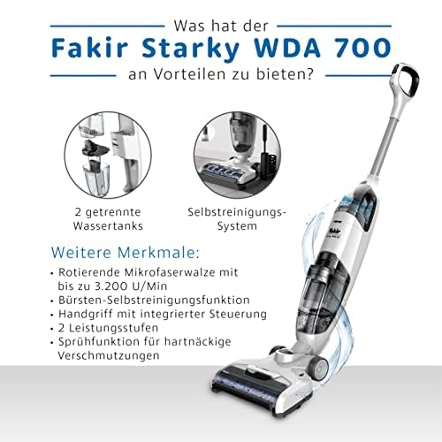 Fakir Starky WDA 700 Akku Staubsauger beutellos 120 W, 3in1 Nass Trockensauger kabelloser Bodenstaubsauger, 22,2 V Akku, 2 Saugstufen mit verschiedenen Aufsätzen, 25 Min. Laufzeit, selbstreinigend - Image 5