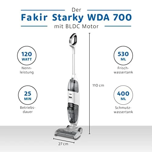 Fakir Starky WDA 700 Akku Staubsauger beutellos 120 W, 3in1 Nass Trockensauger kabelloser Bodenstaubsauger, 22,2 V Akku, 2 Saugstufen mit verschiedenen Aufsätzen, 25 Min. Laufzeit, selbstreinigend - Image 8
